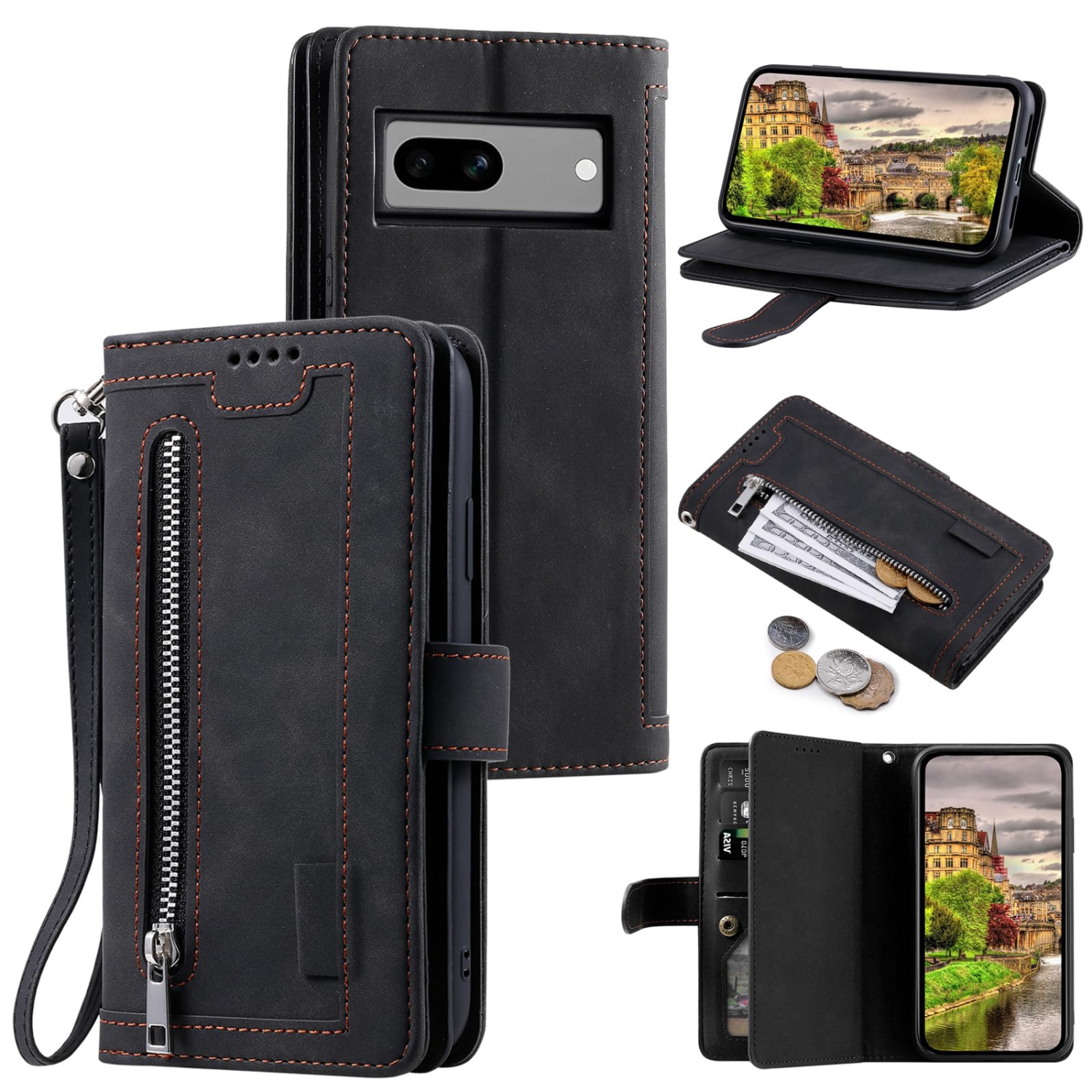 Étui portefeuille pour Pixel Fold de Google, 9 fentes pour cartes mat; Étui à fermeture à glissière; béquille en cuir de polyuréthane avec dragonne;