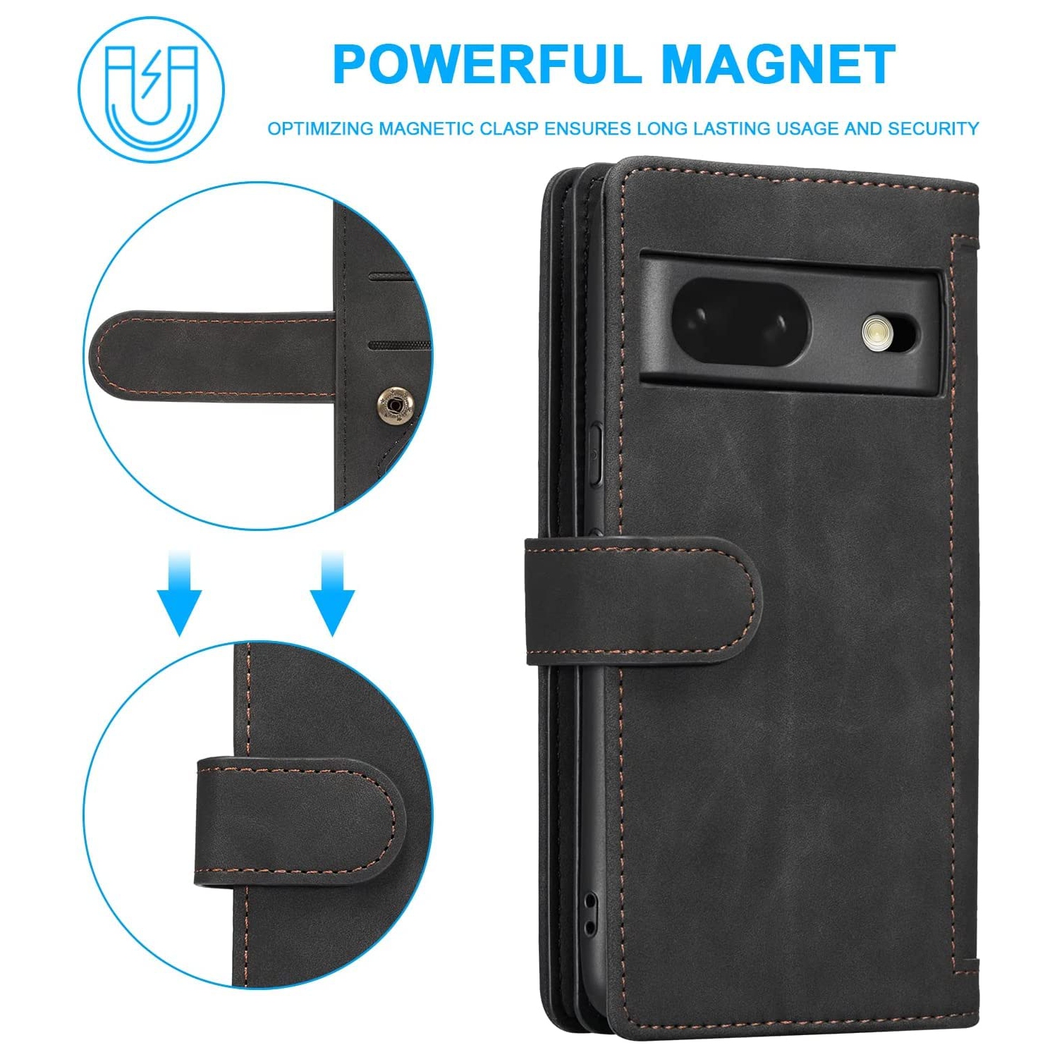 Étui portefeuille pour Pixel Fold de Google, 9 fentes pour cartes mat; Étui à fermeture à glissière; béquille en cuir de polyuréthane avec dragonne;