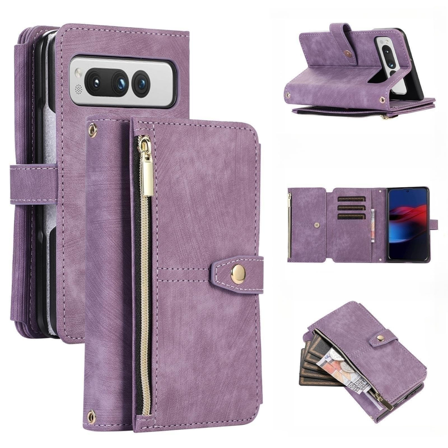 Étui-portefeuille UEBAI pour Google Pixel Fold, 9 fentes pour cartes Portefeuille rétro en cuir rabat antichoc avec dragonne fentes pour cartes