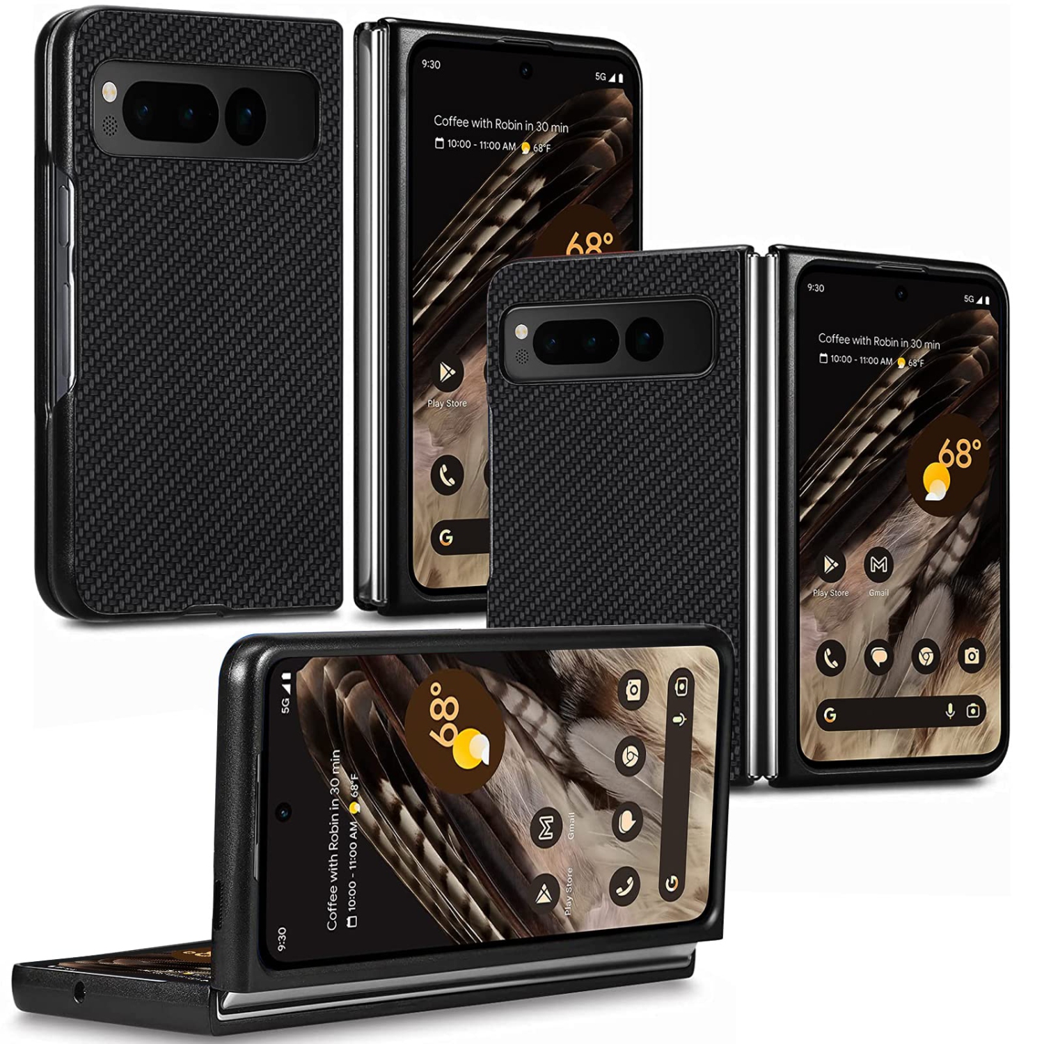 KZIOACSH –&nbsp;&nbsp;Étui de protection antichoc texture fibre de carbone TPU pour Pixel Fold de Google, étui de téléphone ultramince mat, arrière