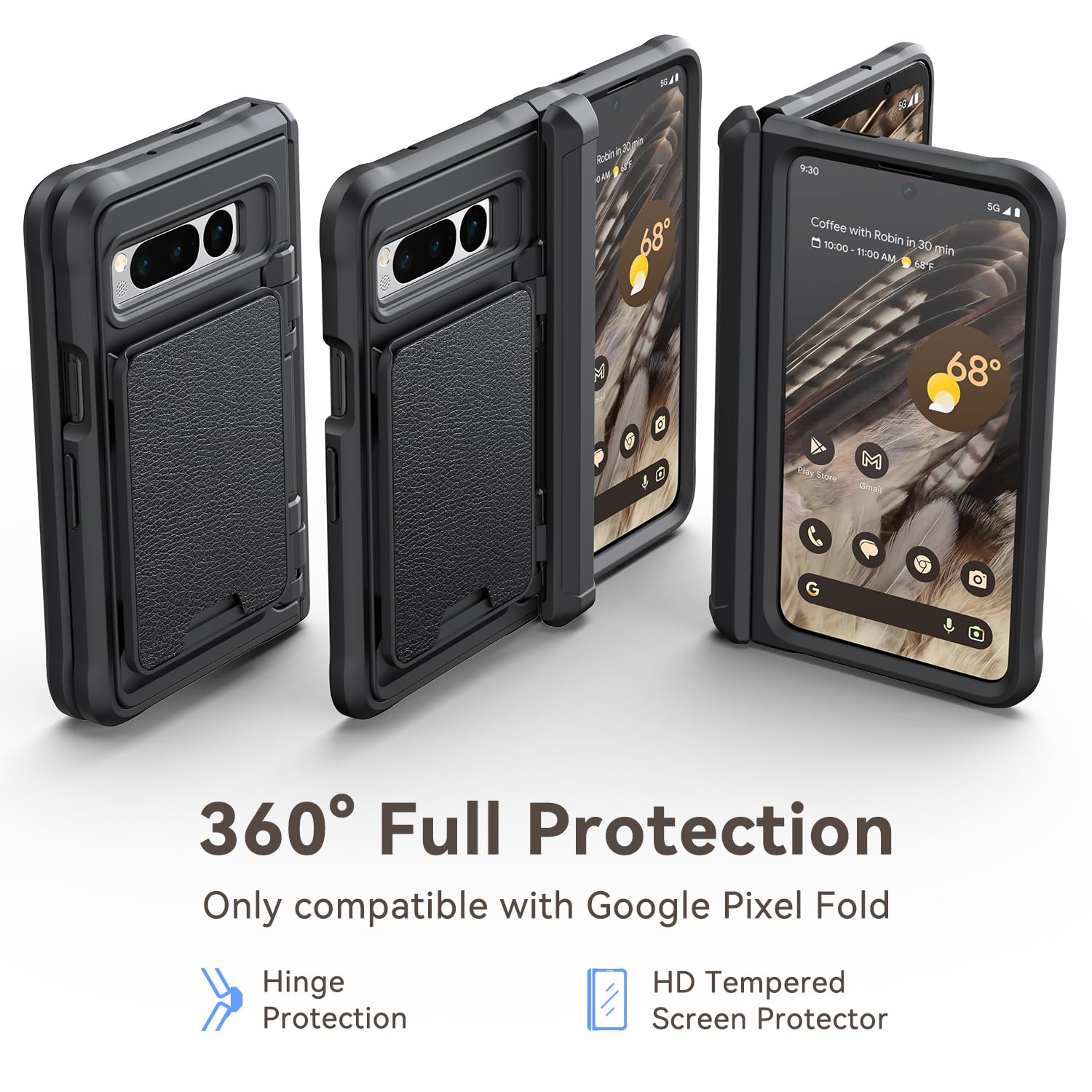Étui pour Pixel Fold de Google, [protection contre les charnières], protecteur d'écran en verre trempé intégré avec porte-carte, étui robuste