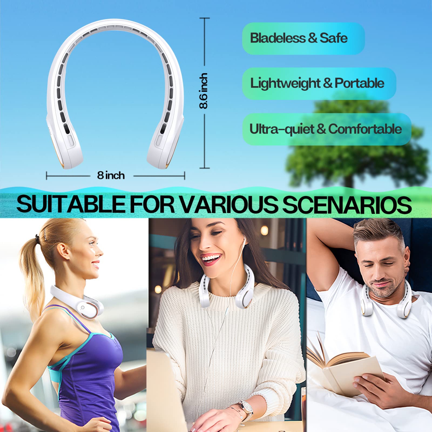 Neck Fan, Neck Fans Portable Rechargeable, Upgrade 360° Air Outlet, Super Quiet, 3 Speeds, 4000mAh Personal Bladeless Wearable Fan for Indoor Outdoor