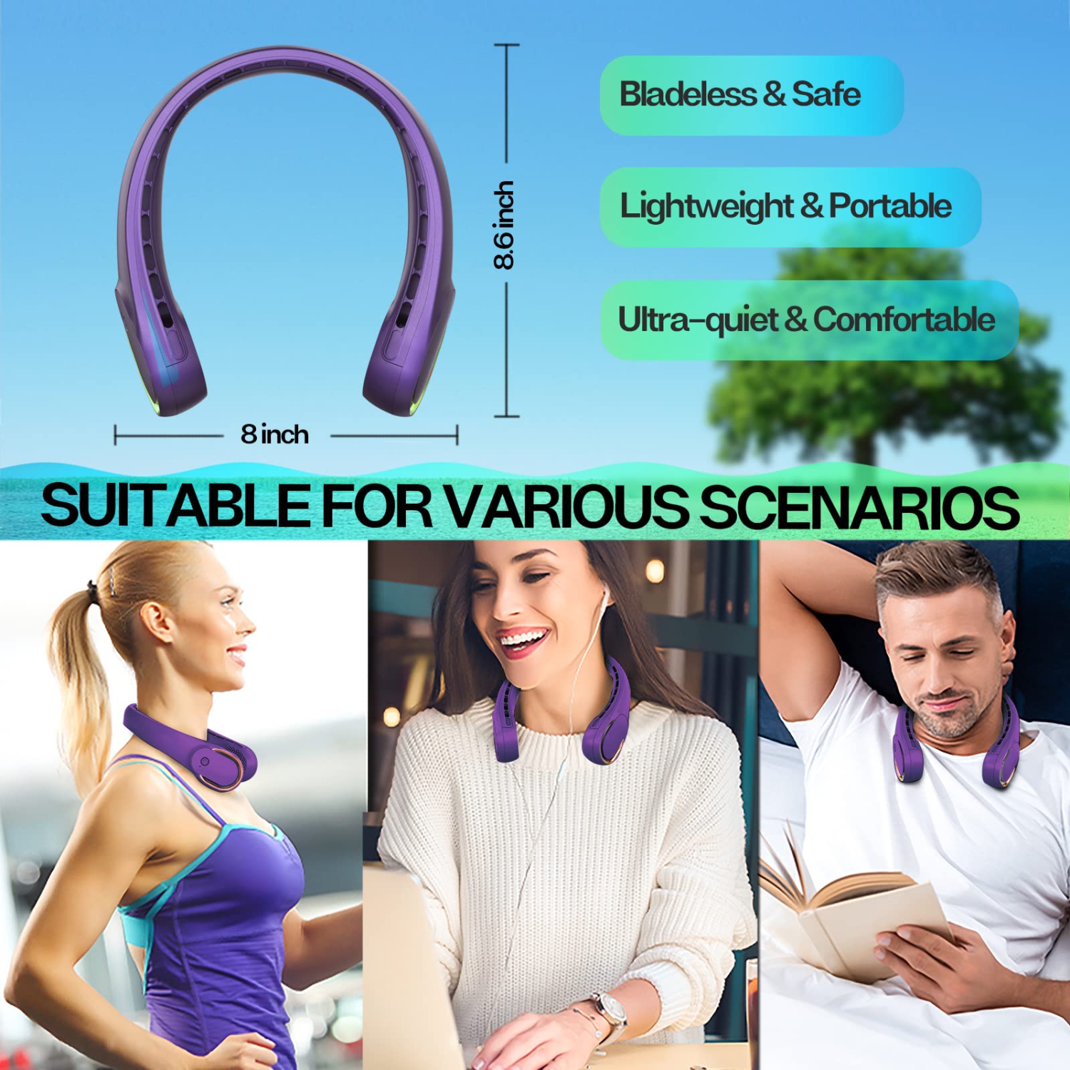 Ventilateur de cou portatif, ventilateur sans pales rechargeable, ventilateur portatif USB à pile 4000mAh mm, volume d'air amélioré, 3 vitesses