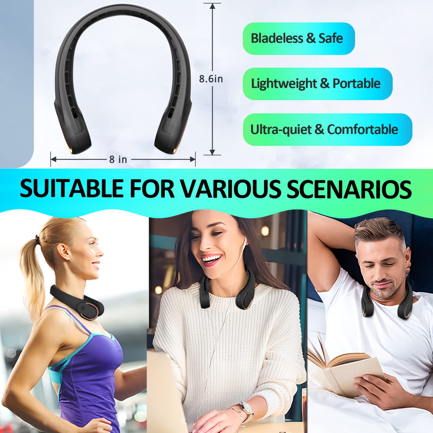 Portable Neck Fan, Personal Bladeless Neck Fans for Men, Upgraded Increase Air Volume & 4000mAh Battery, Ultra Quiet, 4-16 Hours Use Time Wearable