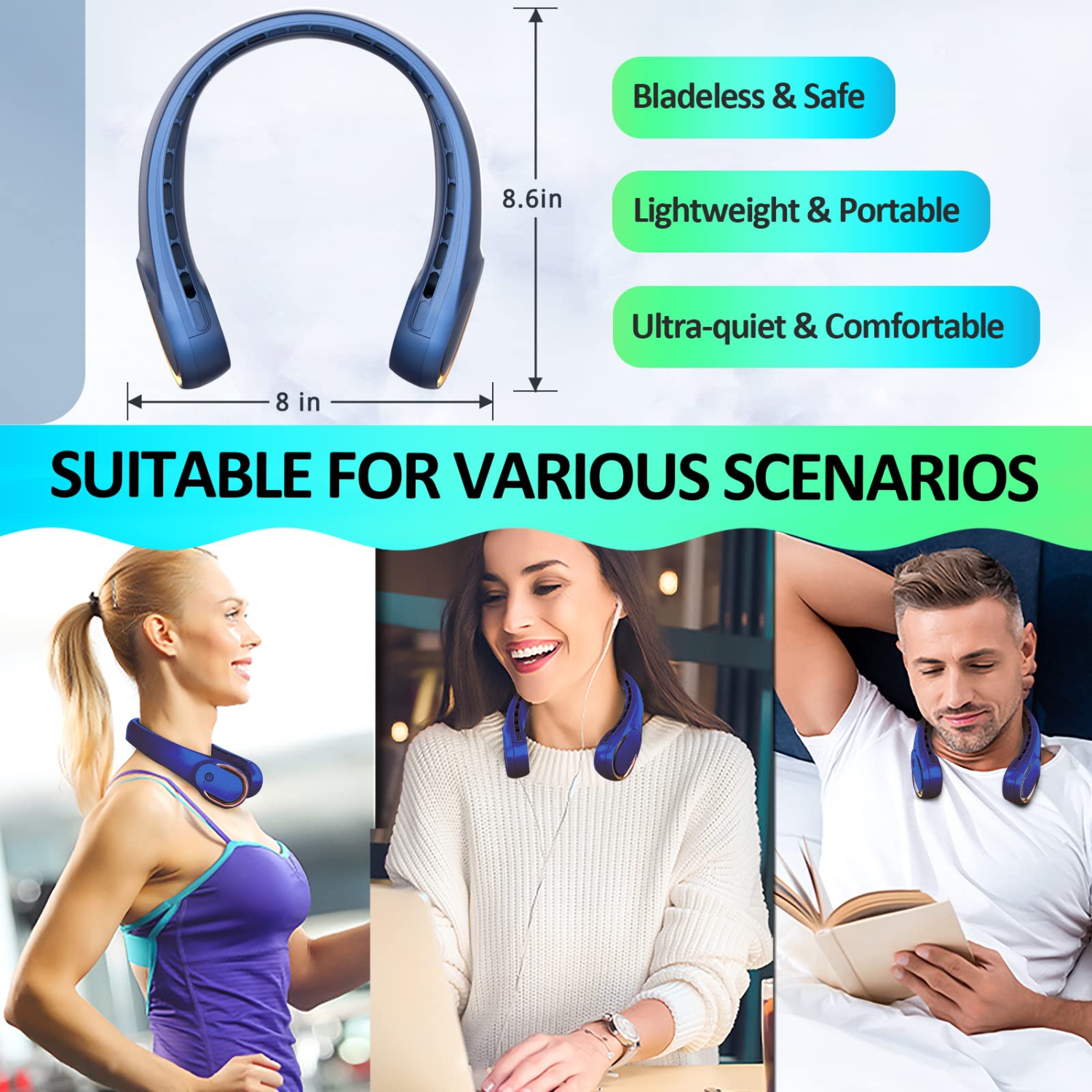Portable Neck Fan, Personal Bladeless Neck Fans Rechargeable, Upgraded 4000mAh Battery & 360° Surrounding Air Outlet, Increase Air Volume, Ultra