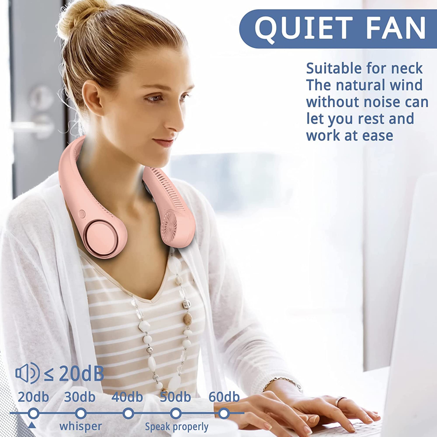 Neck Fan Portable Rechargeable, Battery Operated Neck Fans for Women 4000mAh, 360° Cooling, 3 Speeds Quiet, Personal Bladeless Small Fan Neck Cooler