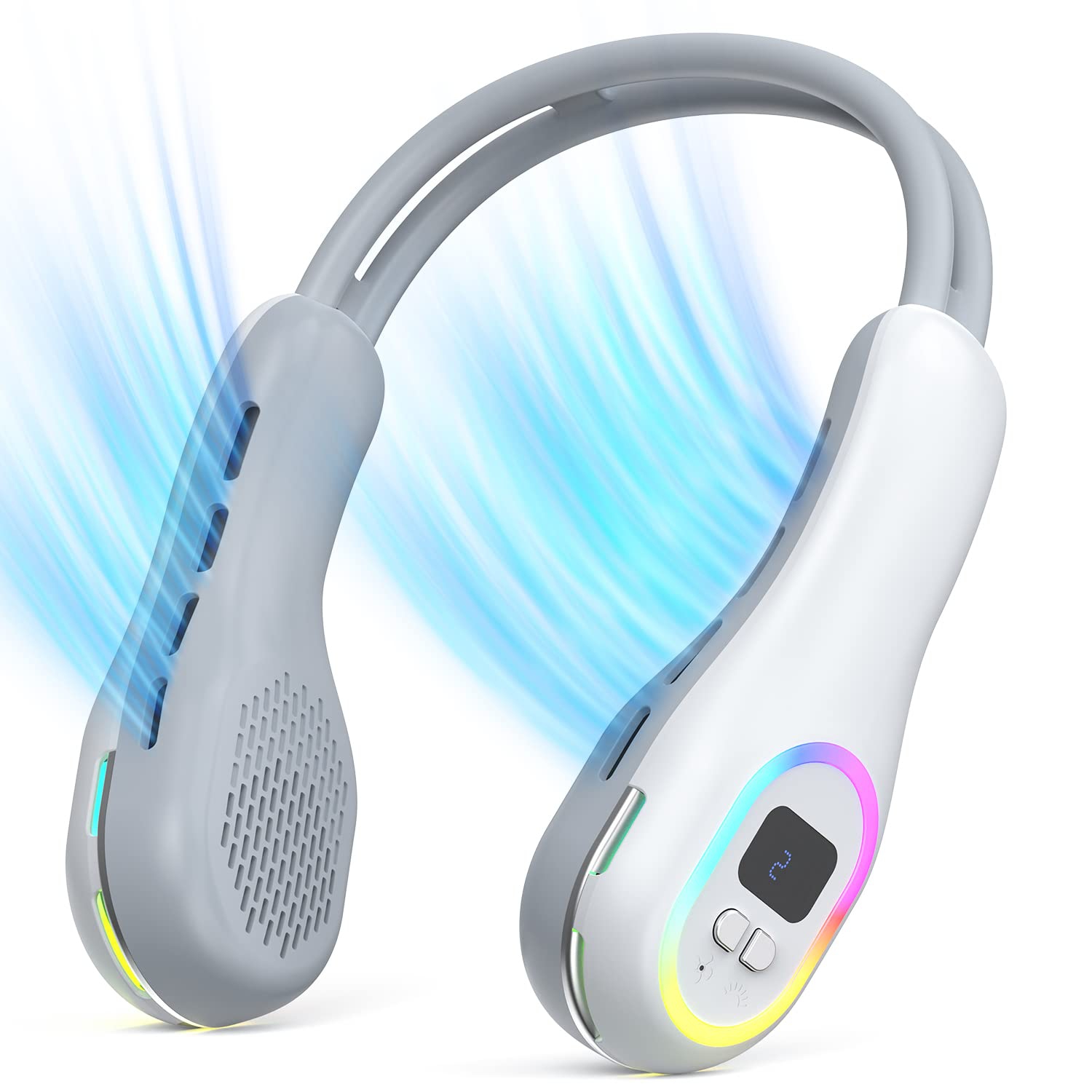 Neck Fan, Portable Neck Fan Rechargeable with 4000 mAh Battery, 3 Speeds, 4 Light Modes, Wearable, Hand-Free Bladeless Neck Fan for Outdoor Sports