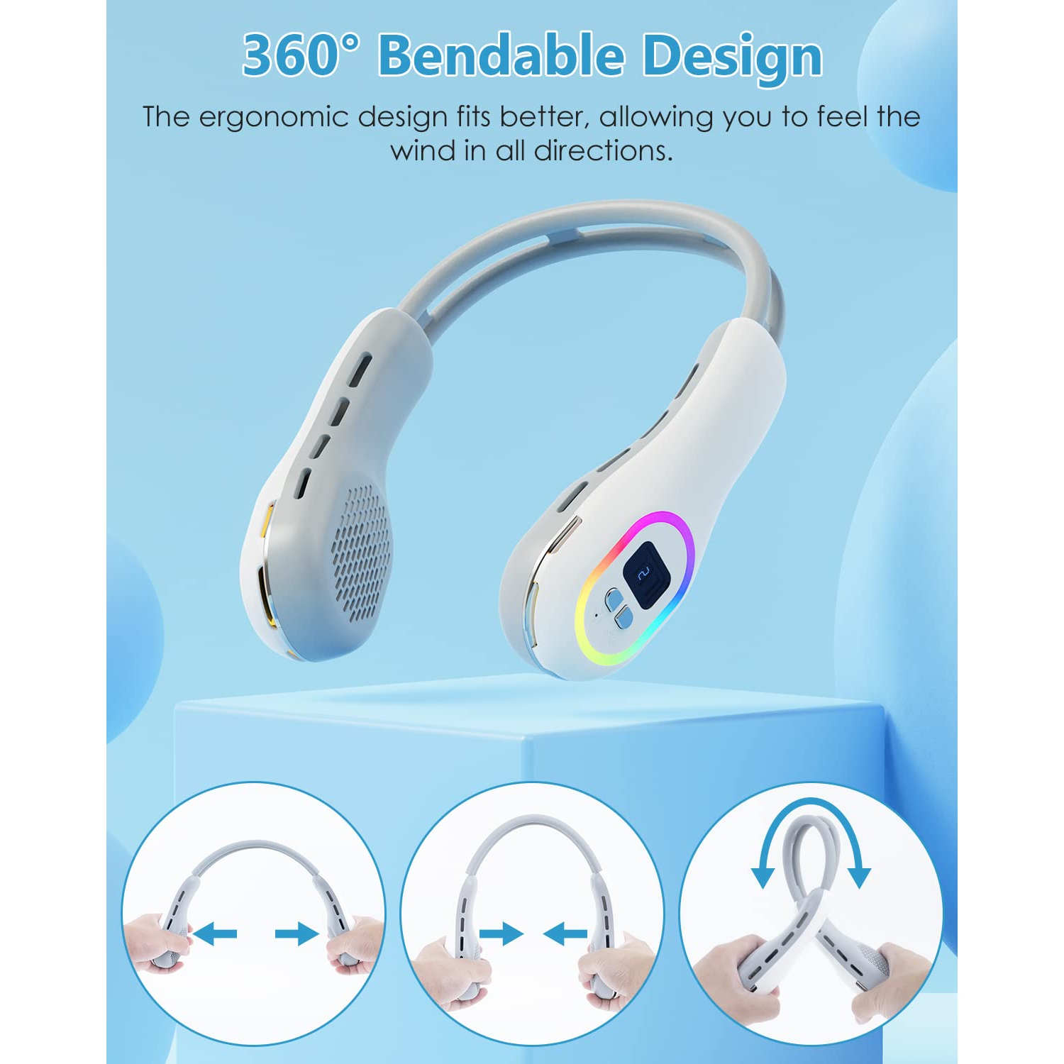 Neck Fan, Portable Neck Fan Rechargeable with 4000 mAh Battery, 3 Speeds, 4 Light Modes, Wearable, Hand-Free Bladeless Neck Fan for Outdoor Sports