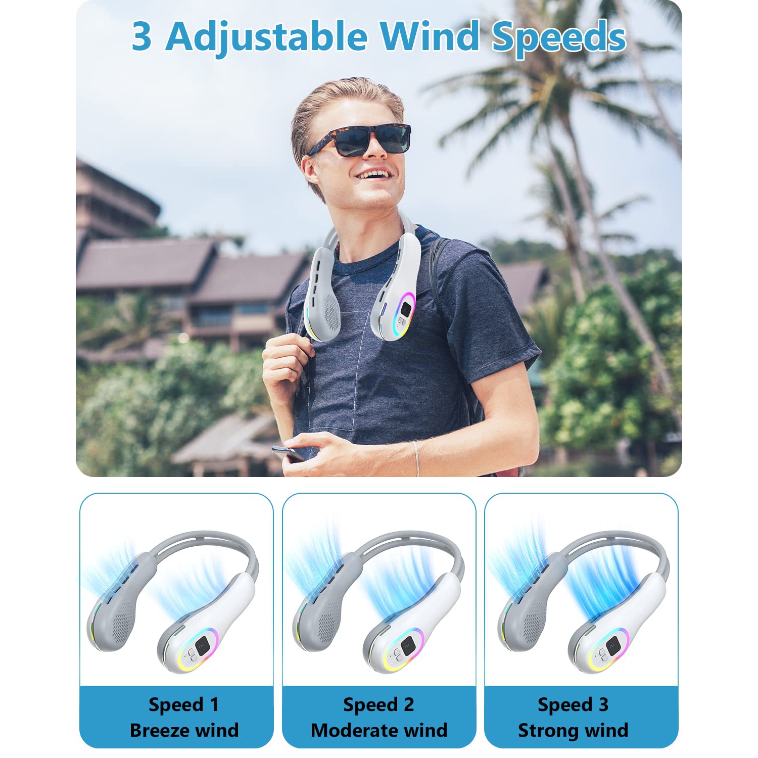 Neck Fan, Portable Neck Fan Rechargeable with 4000 mAh Battery, 3 Speeds, 4 Light Modes, Wearable, Hand-Free Bladeless Neck Fan for Outdoor Sports