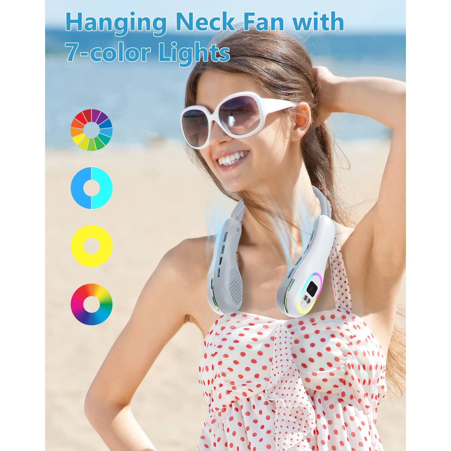 Neck Fan, Portable Neck Fan Rechargeable with 4000 mAh Battery, 3 Speeds, 4 Light Modes, Wearable, Hand-Free Bladeless Neck Fan for Outdoor Sports