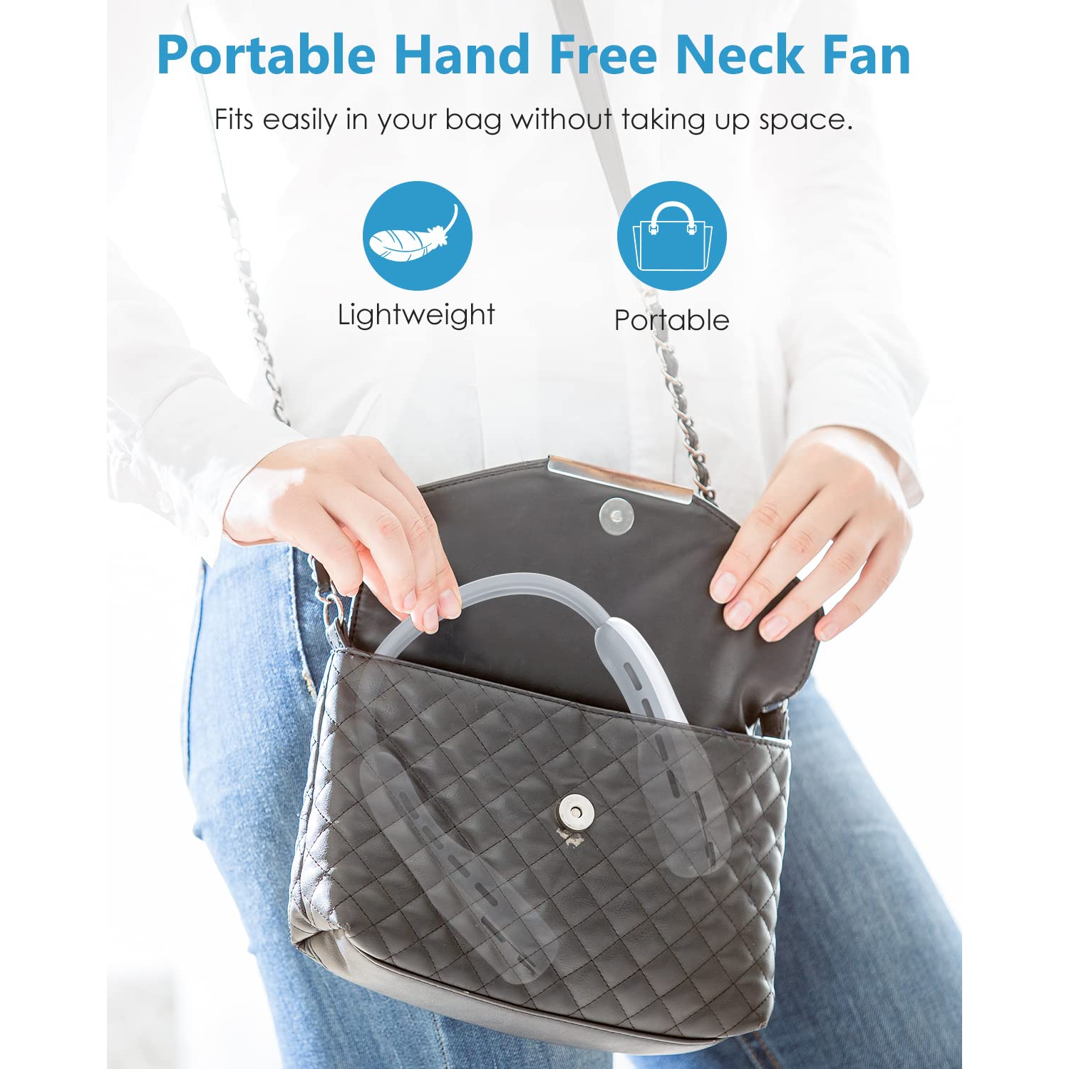 Neck Fan, Portable Neck Fan Rechargeable with 4000 mAh Battery, 3 Speeds, 4 Light Modes, Wearable, Hand-Free Bladeless Neck Fan for Outdoor Sports