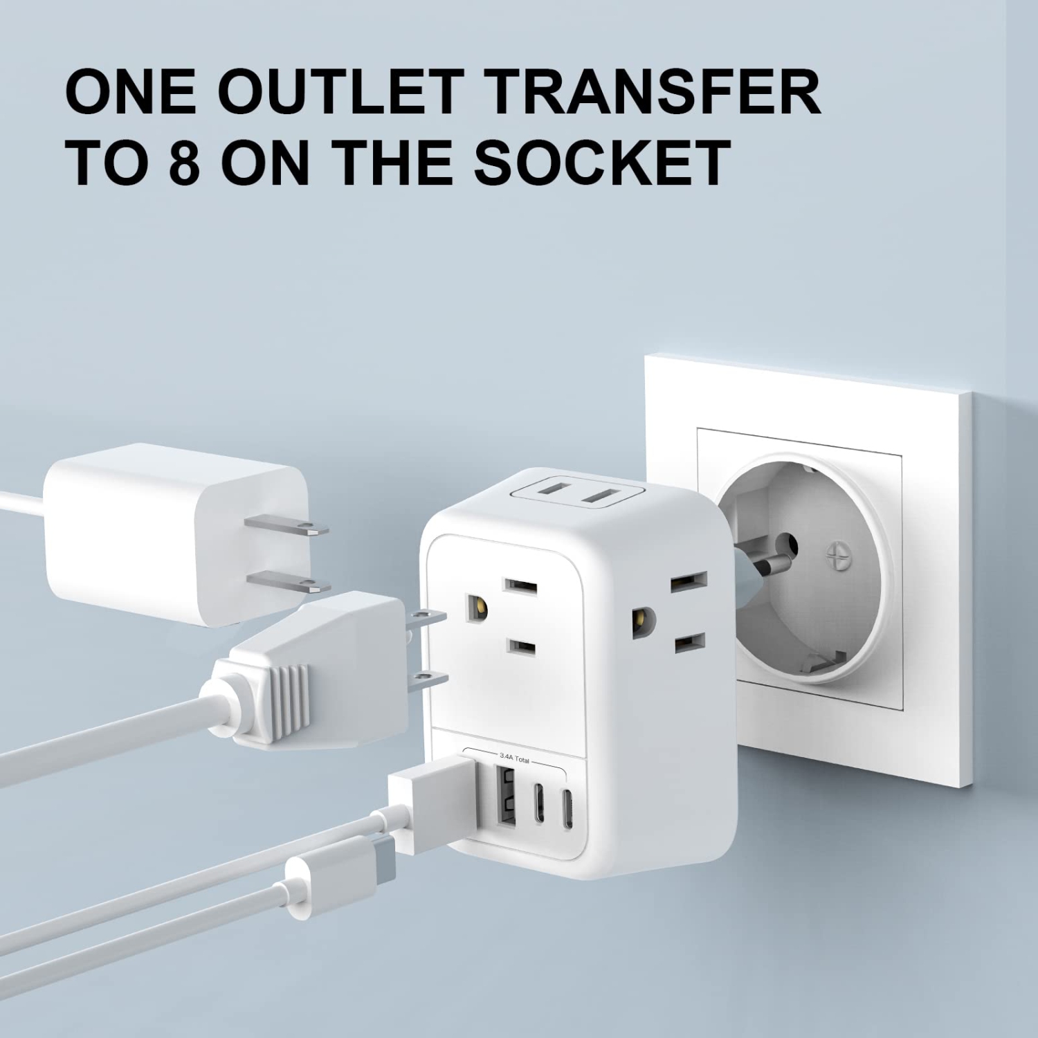 European Travel Plug Adapter, International Plug Adapter with 4 AC Outlets 4 USB Ports(2 USB C), Travel Adapter Type C Travel Essentials for US to