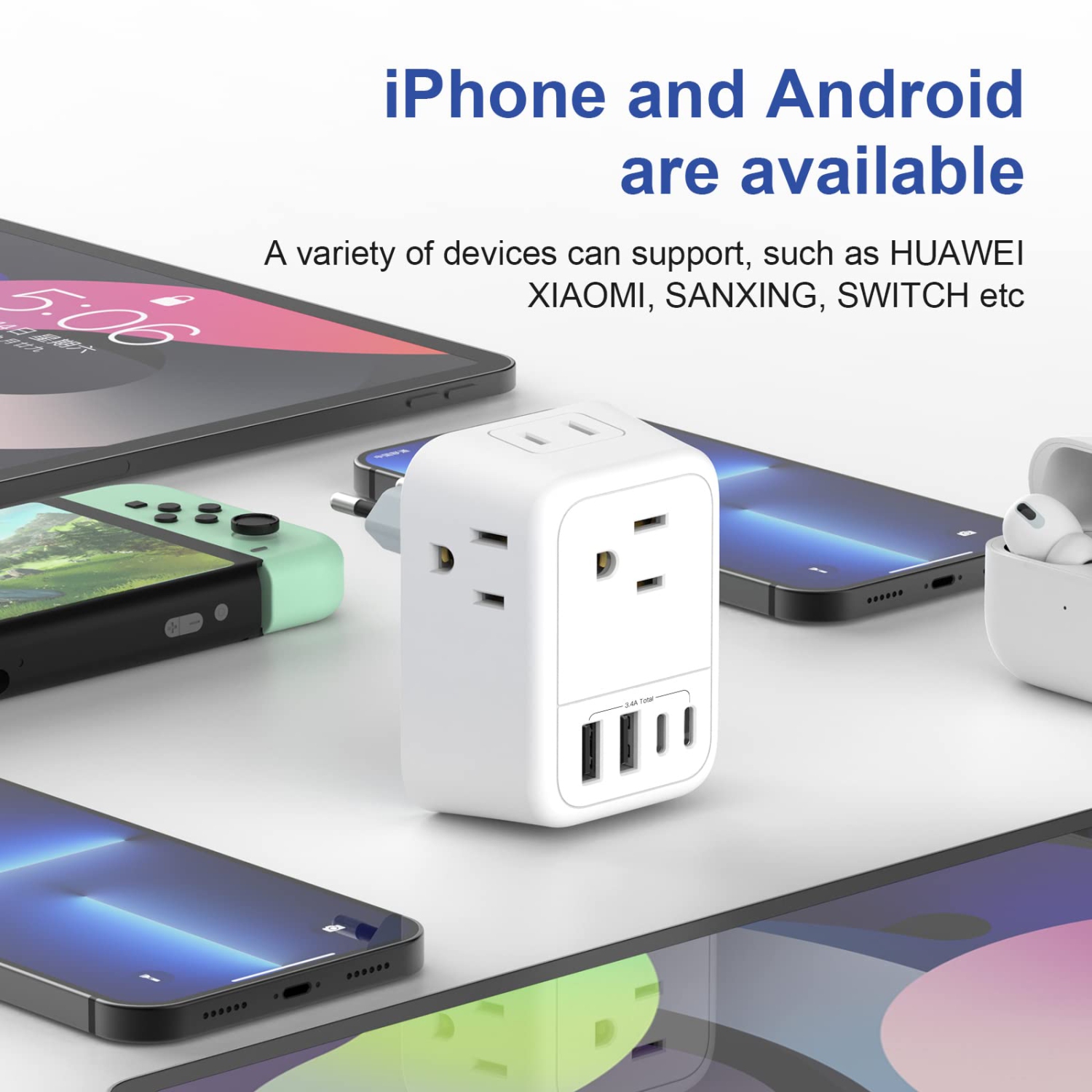 European Travel Plug Adapter, International Plug Adapter with 4 AC Outlets 4 USB Ports(2 USB C), Travel Adapter Type C Travel Essentials for US to