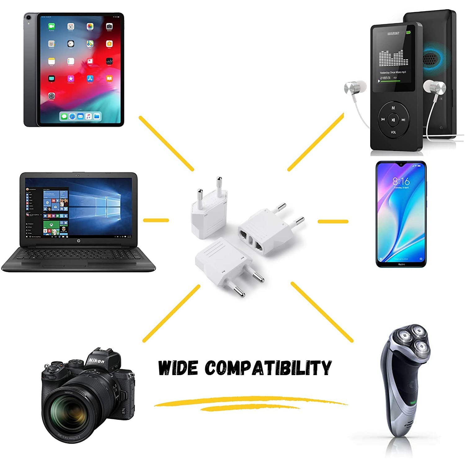 Paquet de 6 adaptateurs de fiche mâle de voyage US/CA vers prise mâle d'alimentation universelle Entrée de convertisseur de prise murale USA/Canada