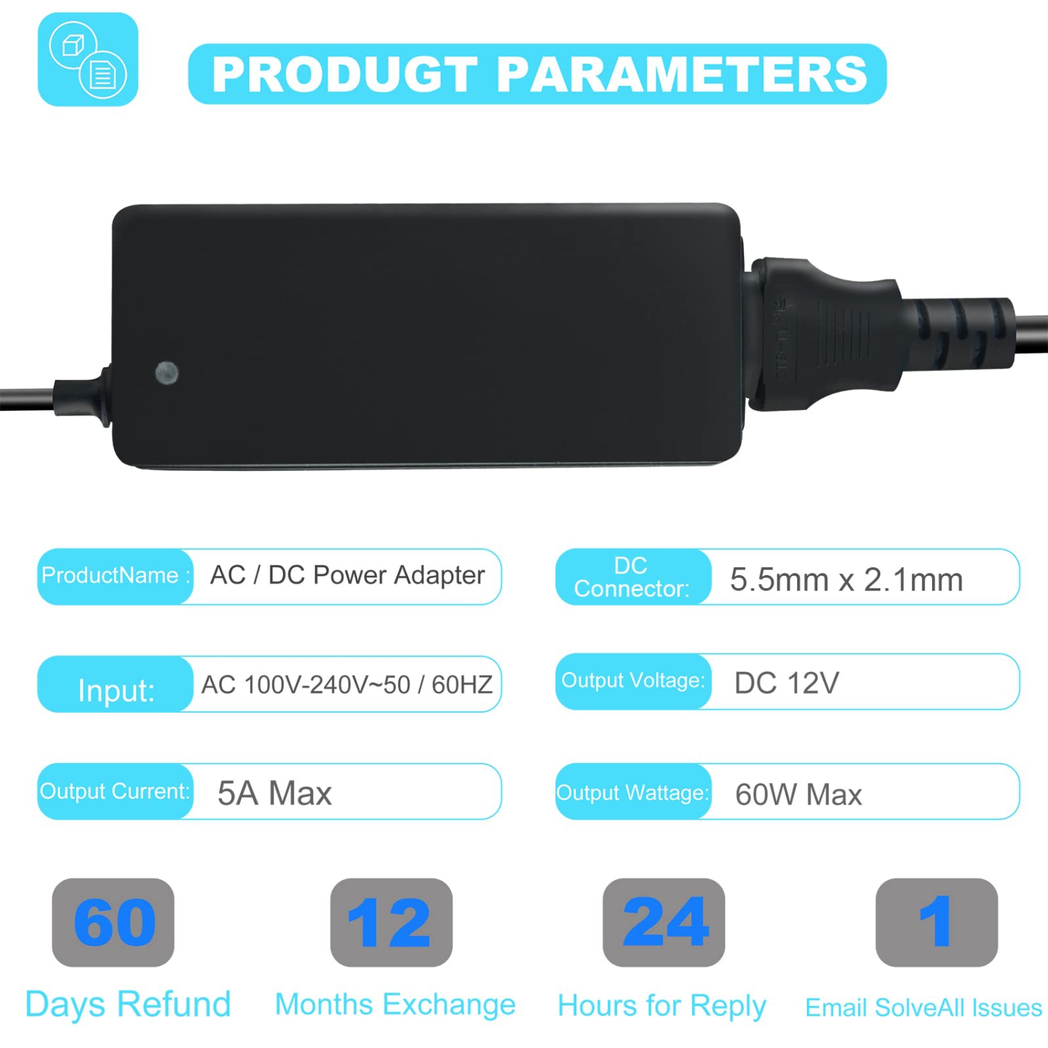 12V 5A Power Supply AC/DC Adapter, AC 100-240V to DC 12V Power Adapter Converter Transformer with 14 DC Tips, US Plug Switching 12 Volt 5 Amp 60W