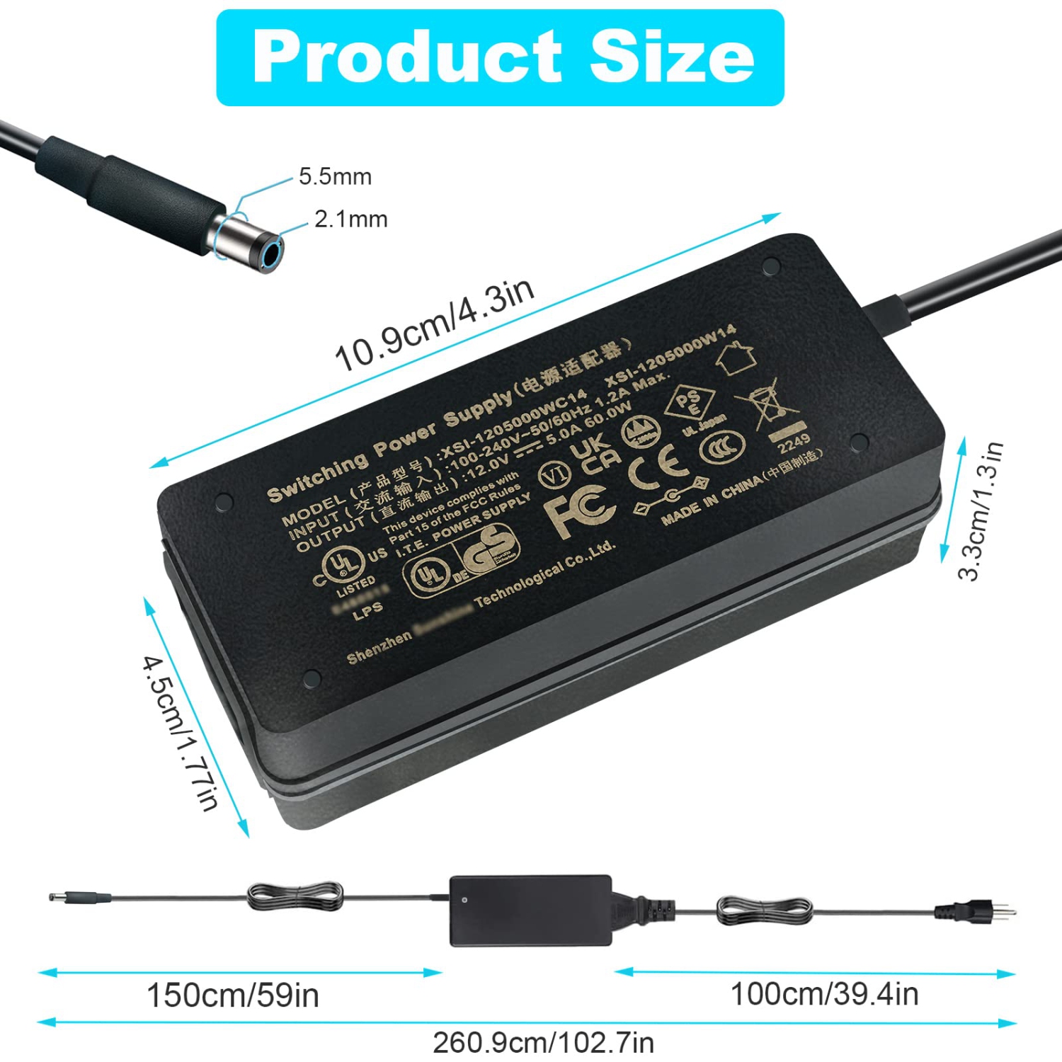 12V 5A Power Supply AC/DC Adapter, AC 100-240V to DC 12V Power Adapter Converter Transformer with 14 DC Tips, US Plug Switching 12 Volt 5 Amp 60W