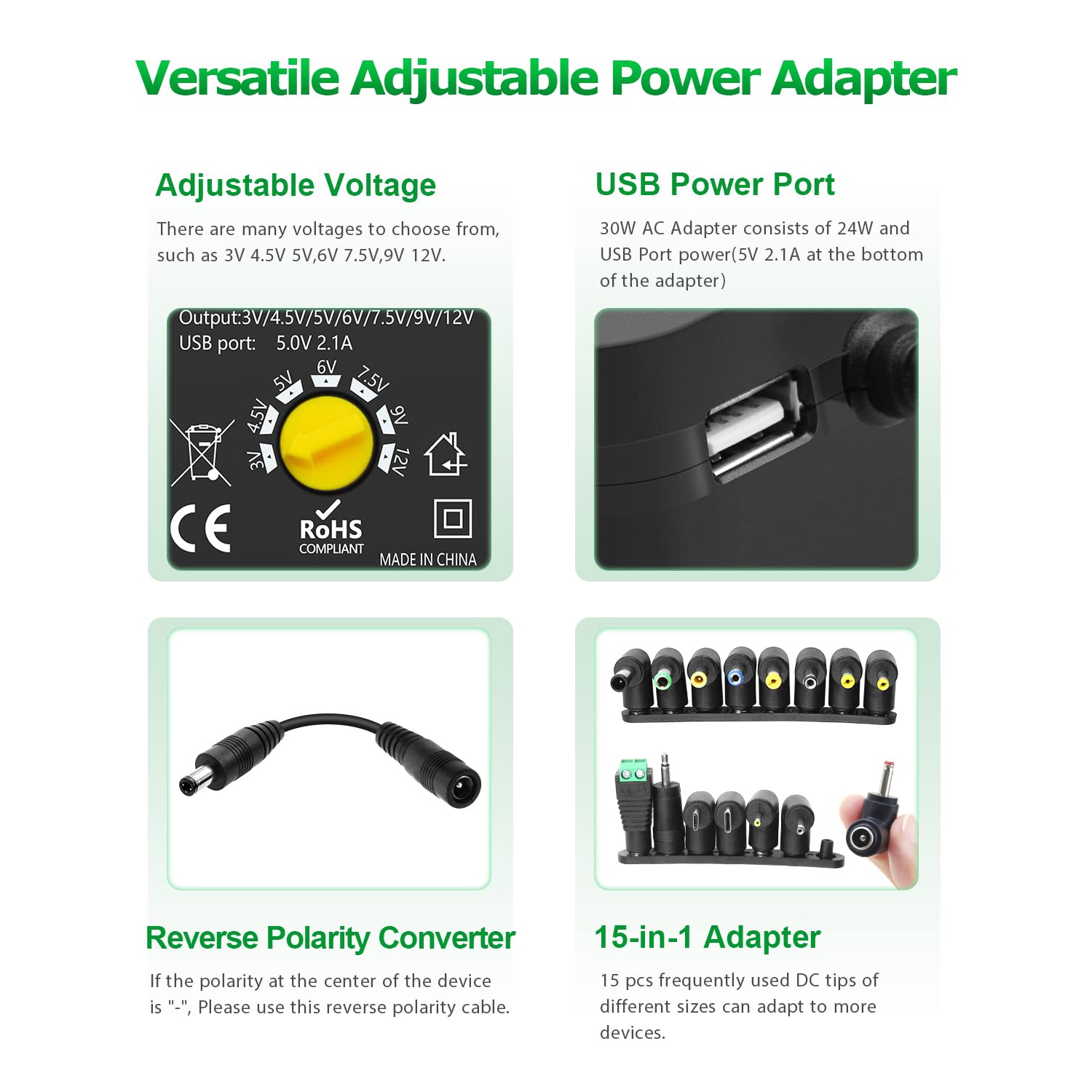 Adjustable DC power supply, 4-30V AC/DC input, 1.5-27V DC output