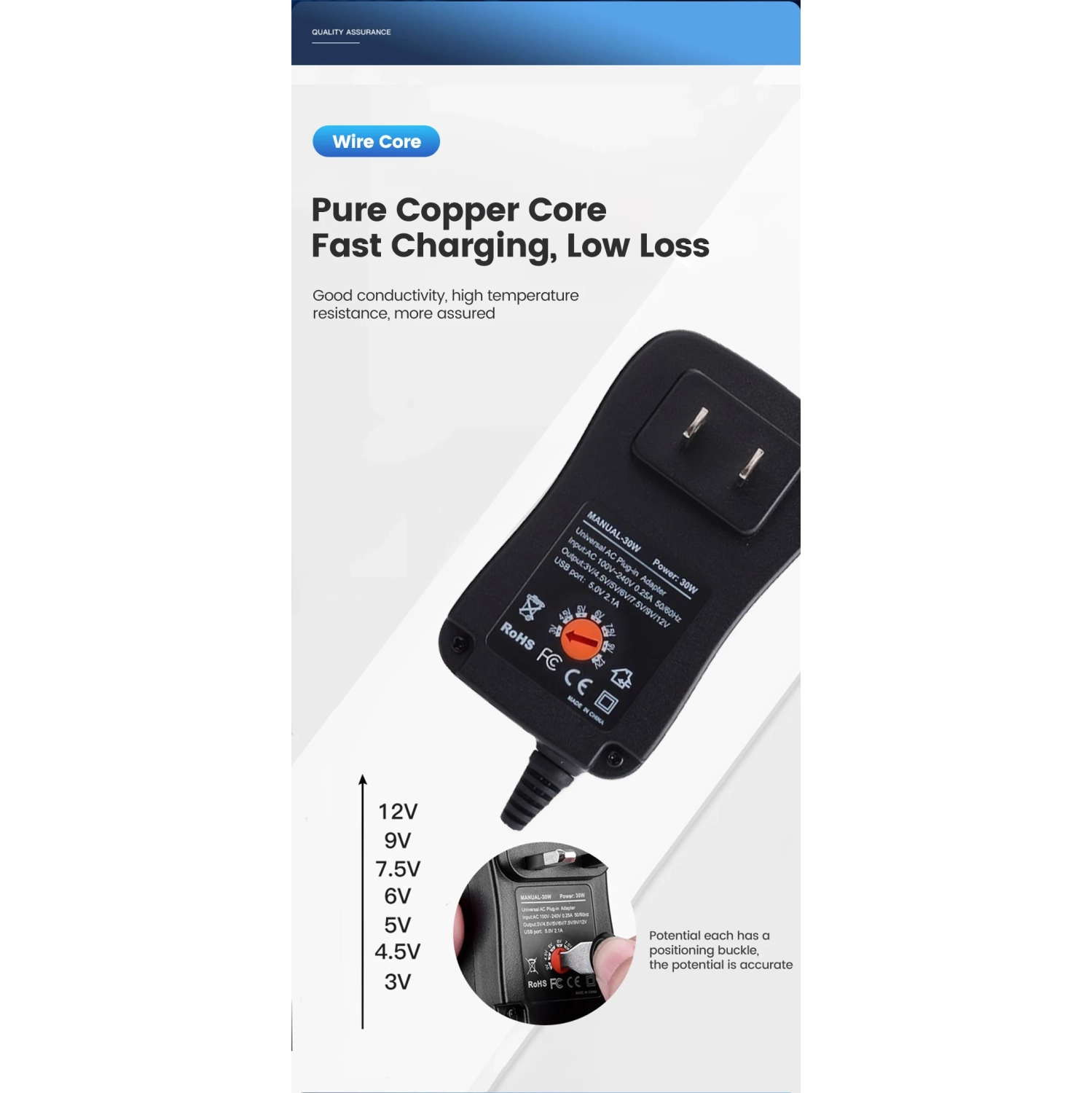 30W Universal AC DC Adapter 3V 4.5V 5V 6V 7.5V 9V 12V Adjustable Power Supply with USB 5V/2.1A, 15 Straight Tips & Polarity Converter for LED Strip,