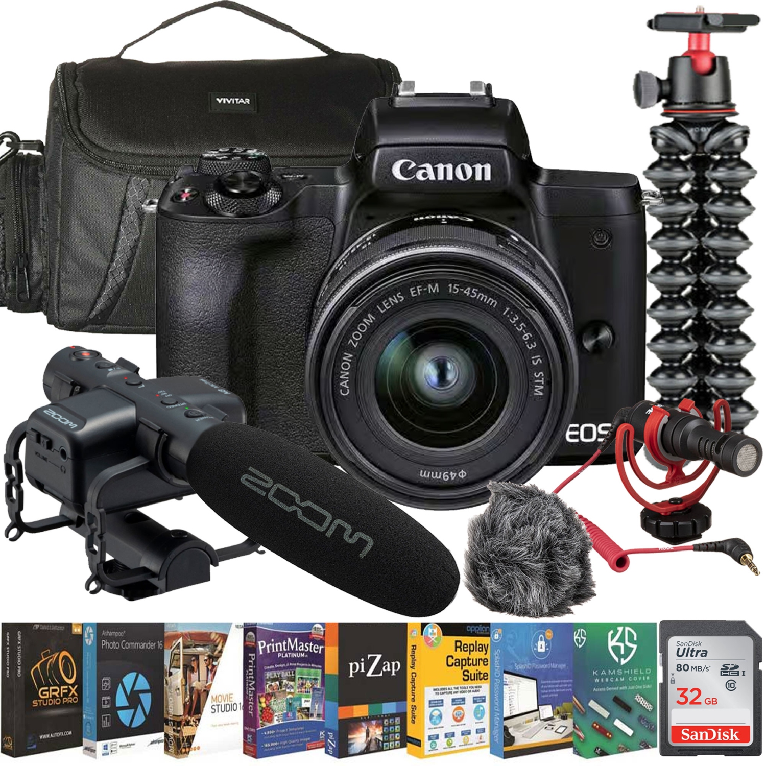 Canon EOS M50 Mark II Vlogger Kit with Zoom M3 MicTrak Stereo Shotgun Mic Bundle