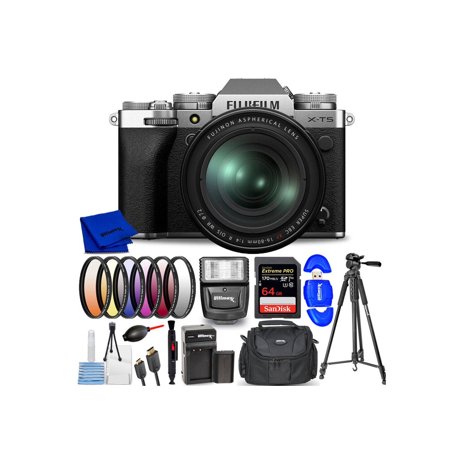 FUJIFILM X-T5 Mirrorless Camera with 16-80mm Lens Silver - 14PC Accessory Bundle