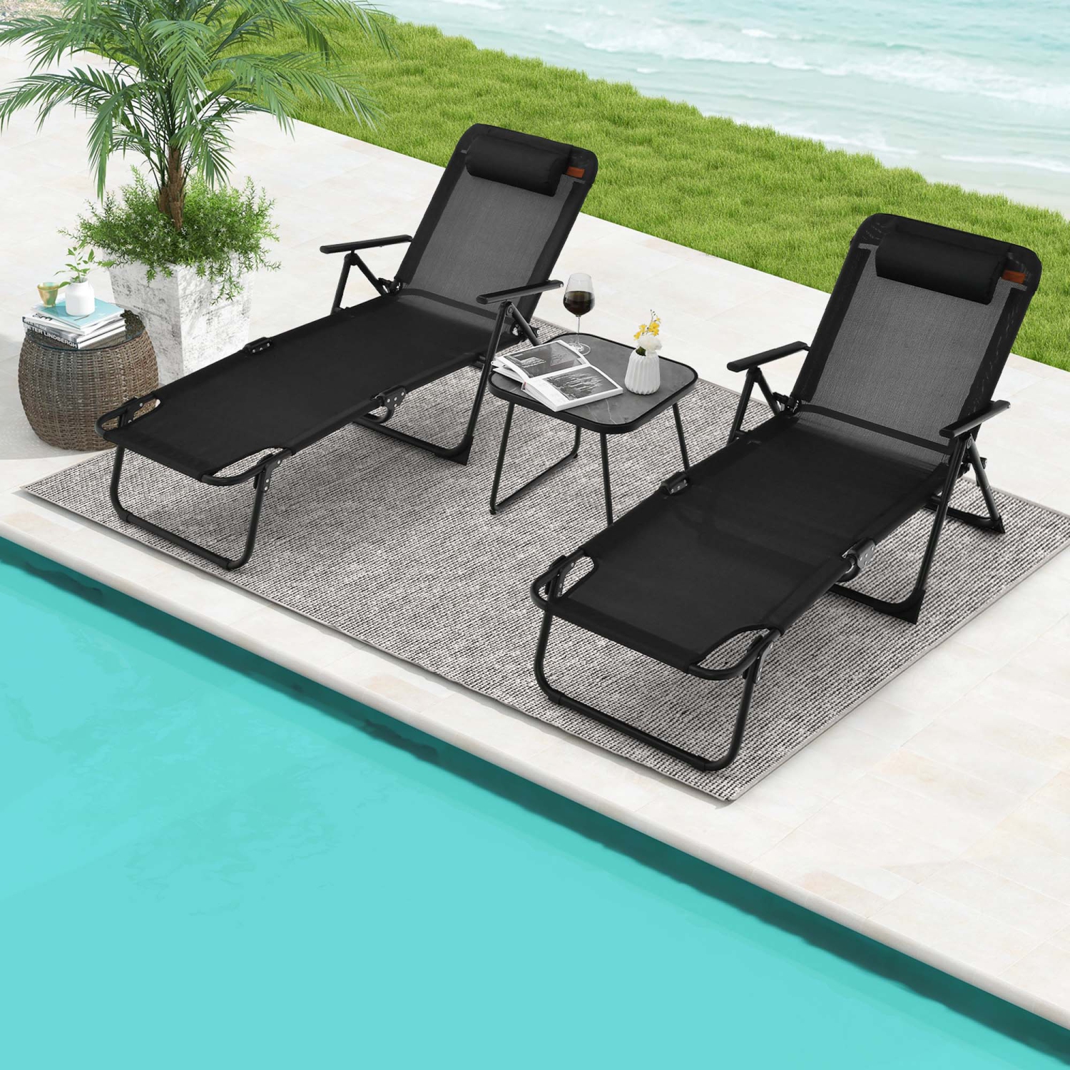 Costway 3pcs Patio Folding Chaise Lounge Chair PVC Tabletop Set Outdoor Portable Beach