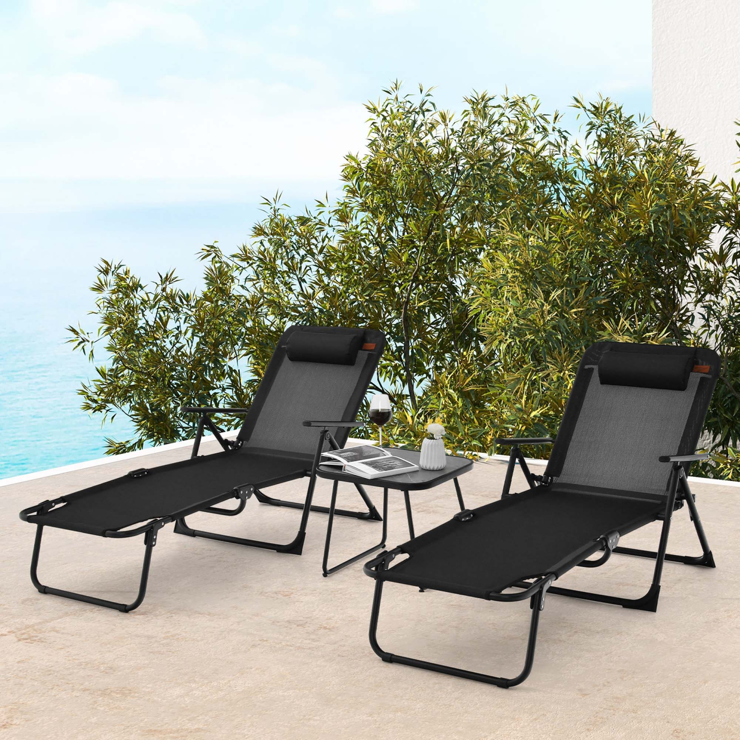 Costway 3pcs Patio Folding Chaise Lounge Chair PVC Tabletop Set Outdoor Portable Beach