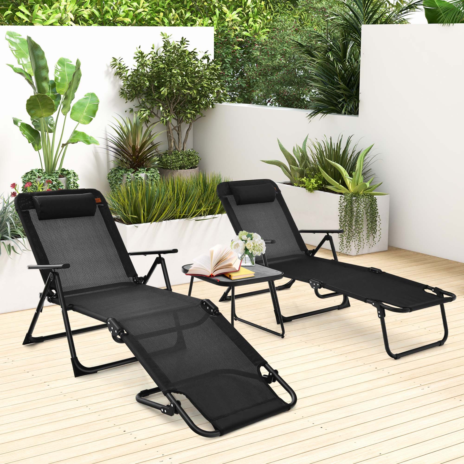 Costway 3pcs Patio Folding Chaise Lounge Chair PVC Tabletop Set Outdoor Portable Beach