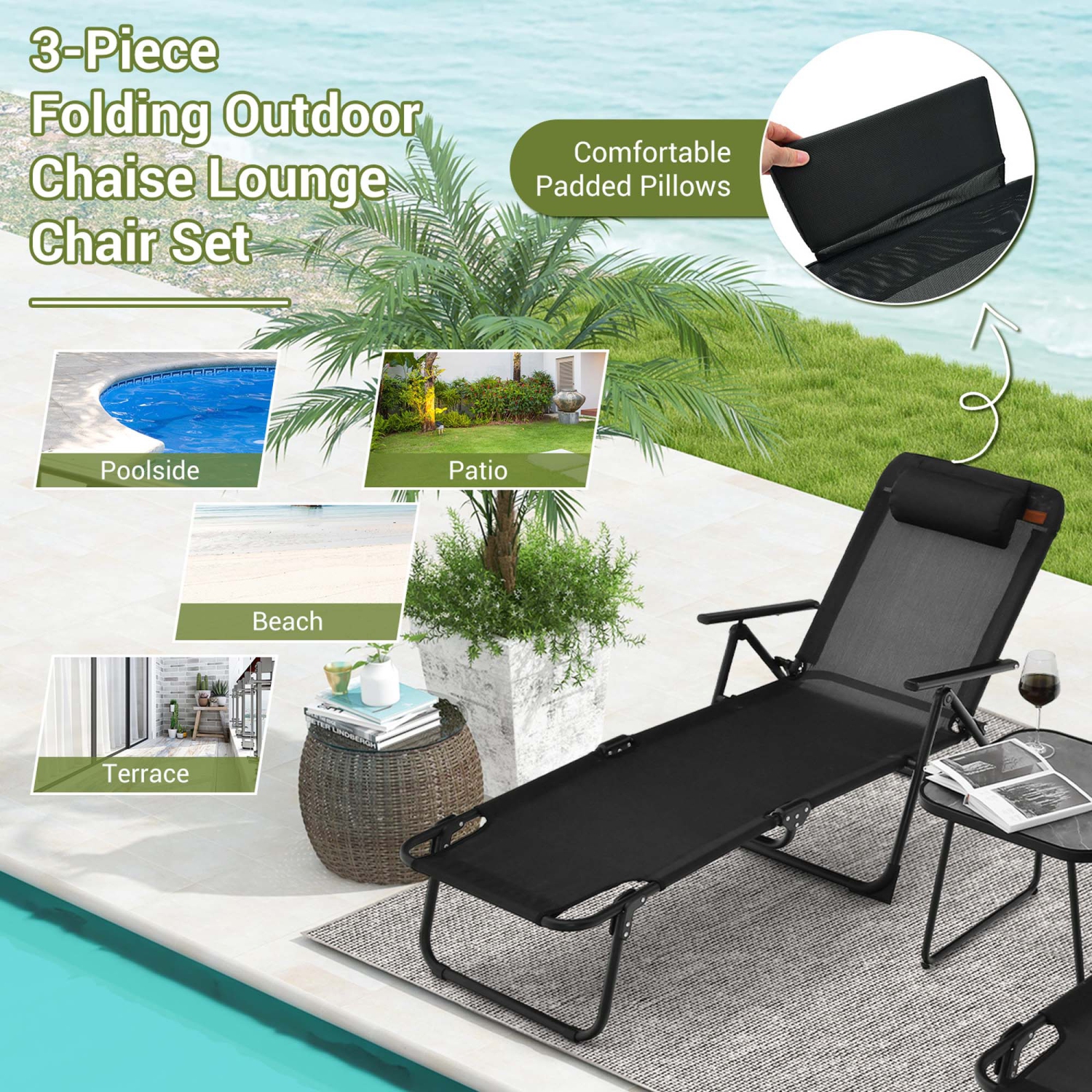 Costway 3pcs Patio Folding Chaise Lounge Chair PVC Tabletop Set Outdoor Portable Beach