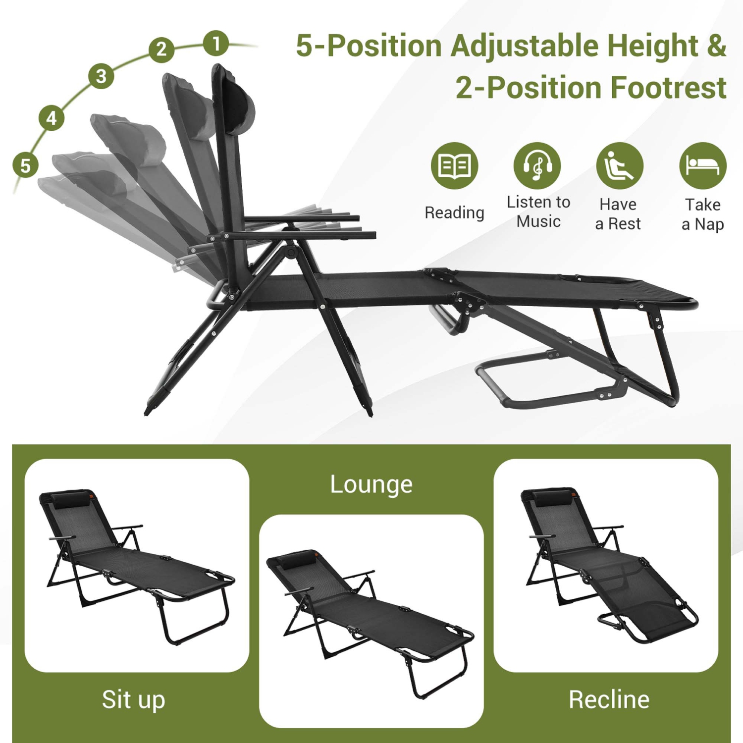 Costway 3pcs Patio Folding Chaise Lounge Chair PVC Tabletop Set Outdoor Portable Beach