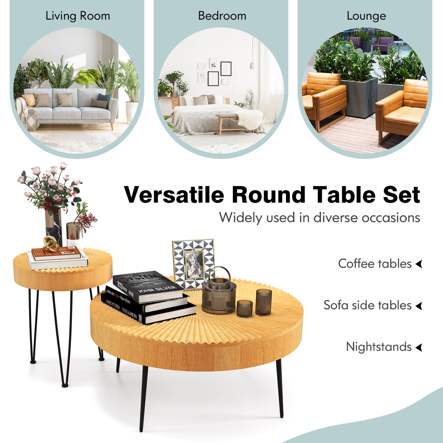 Costway Farmhouse Round Coffee Table Set of 2 End Table Natural Finish for Living Room