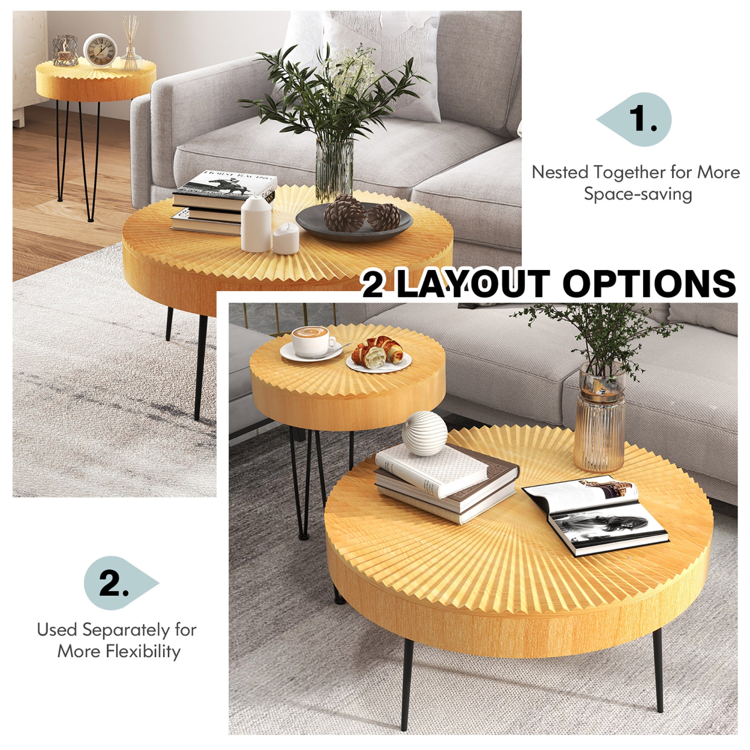 Costway Farmhouse Round Coffee Table Set of 2 End Table Natural Finish for Living Room