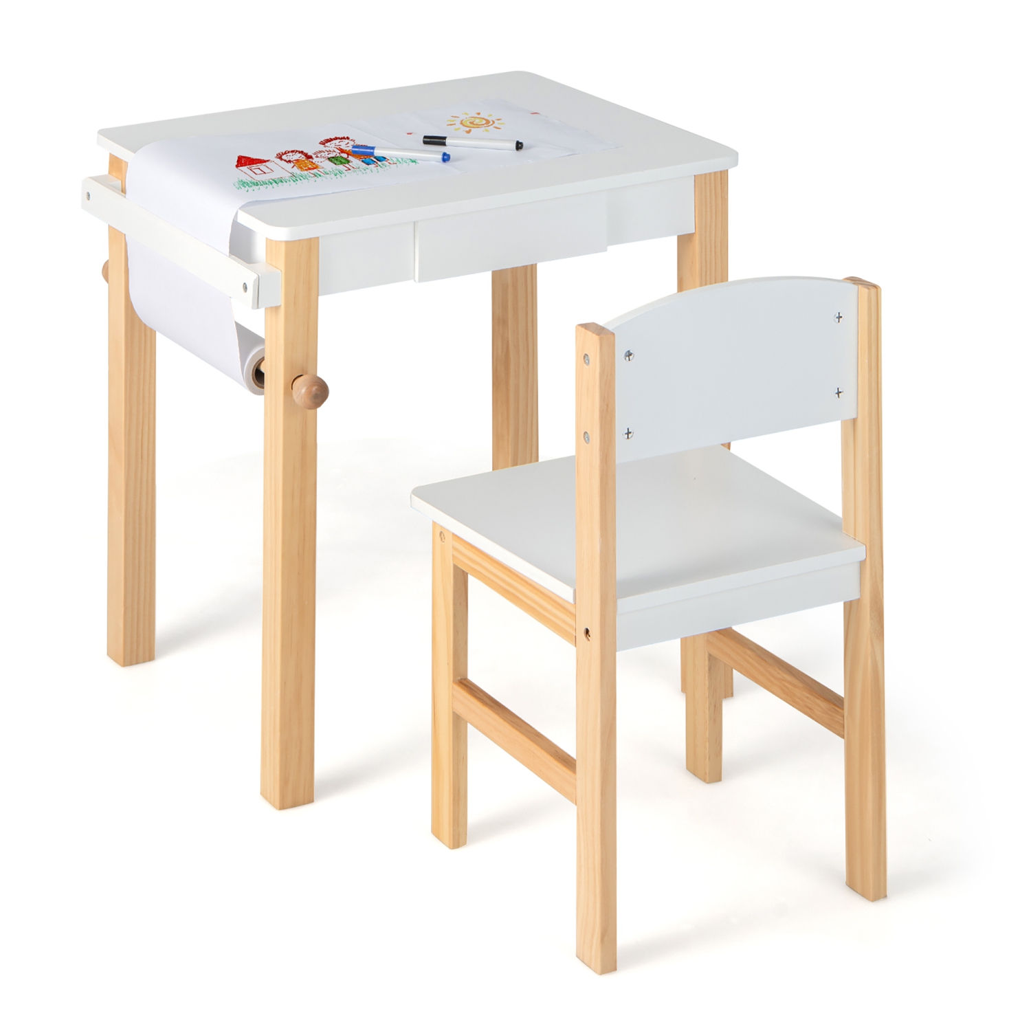 Ensemble table et chaises en bois avec bureau à dessin et tiroir en rouleau de papier de Costway pour enfants