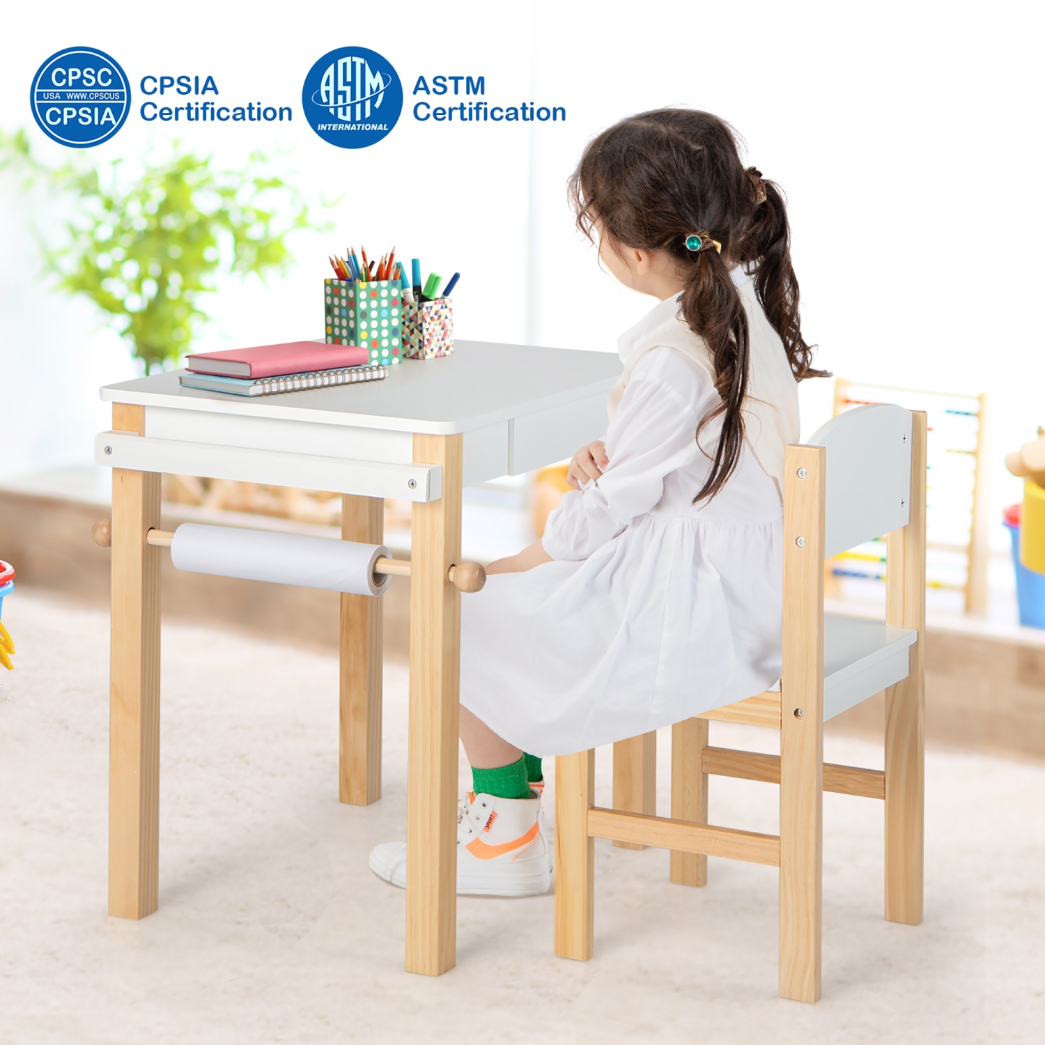 Ensemble table et chaises en bois avec bureau à dessin et tiroir en rouleau de papier de Costway pour enfants