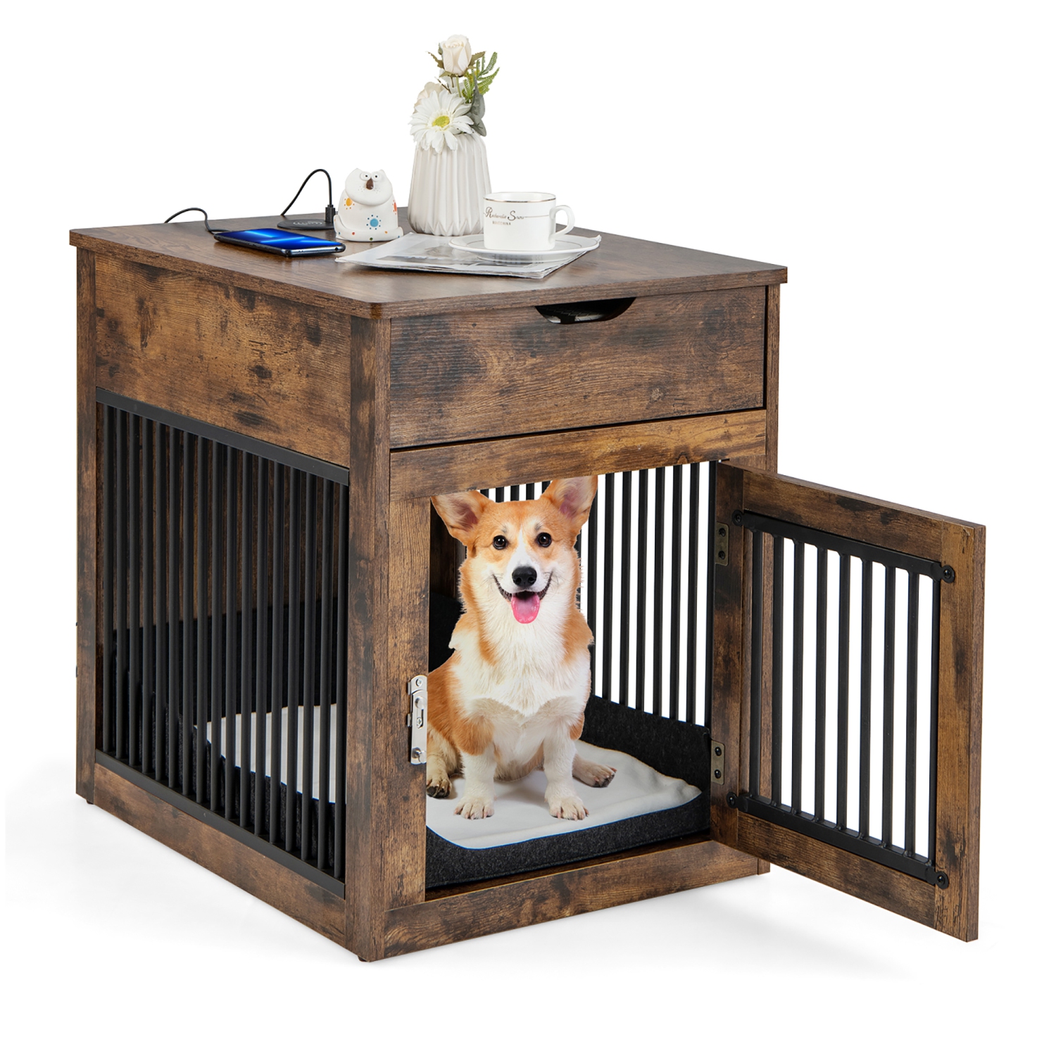 Costway 2-In-1 Furniture Dog Crate with Drawer Wired & Wireless Charging Side End Table