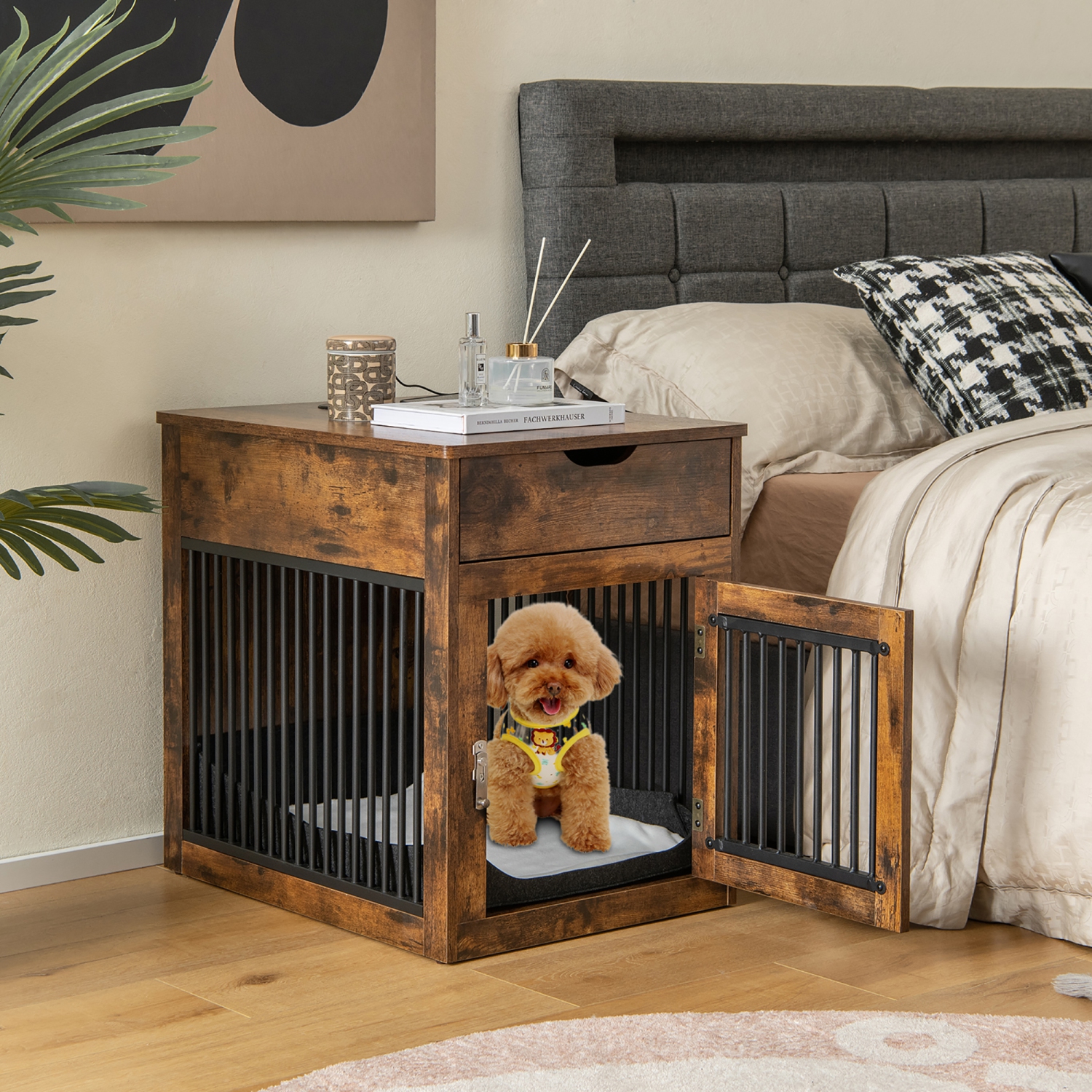 Costway 2-In-1 Furniture Dog Crate with Drawer Wired & Wireless Charging Side End Table
