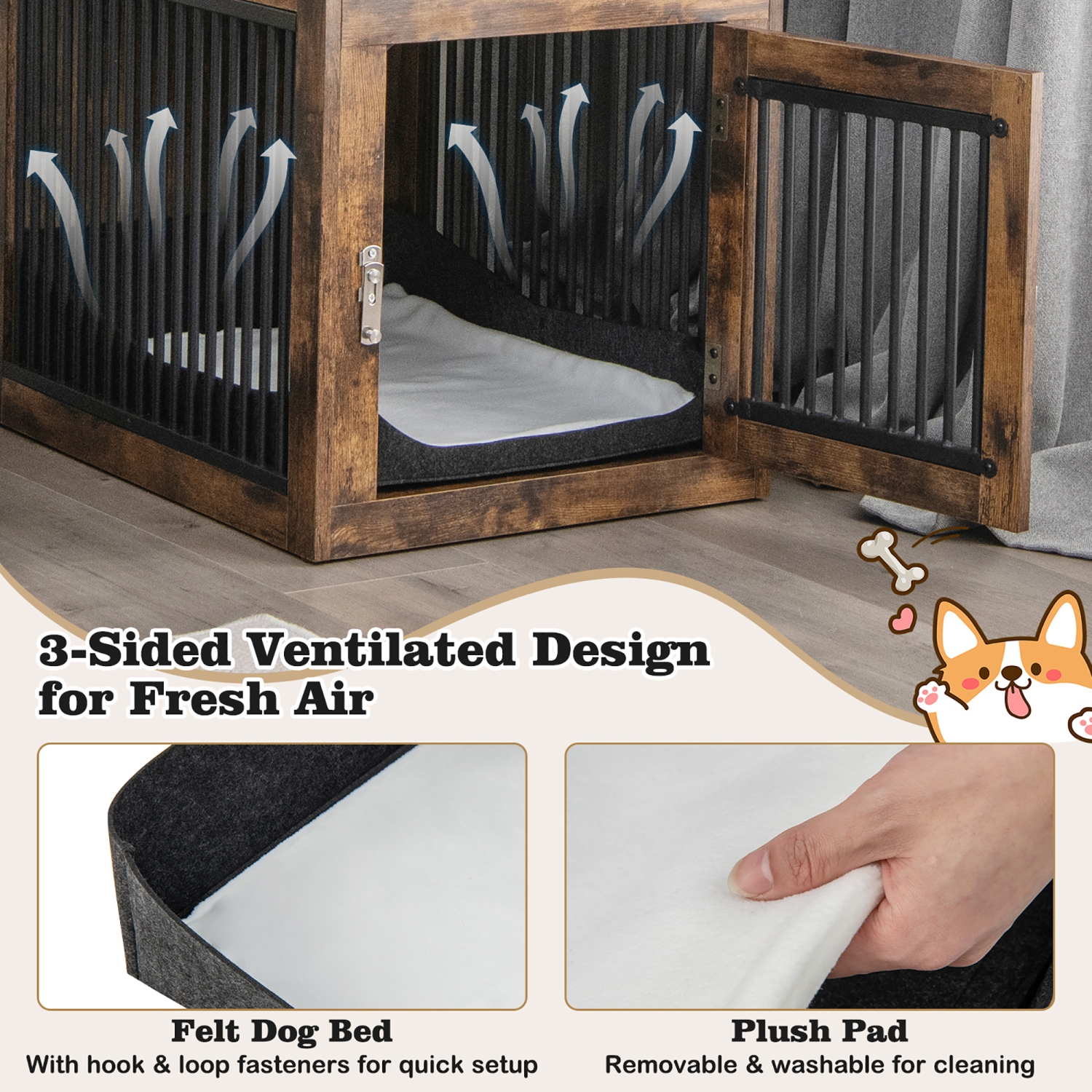 Costway 2-In-1 Furniture Dog Crate with Drawer Wired & Wireless Charging Side End Table