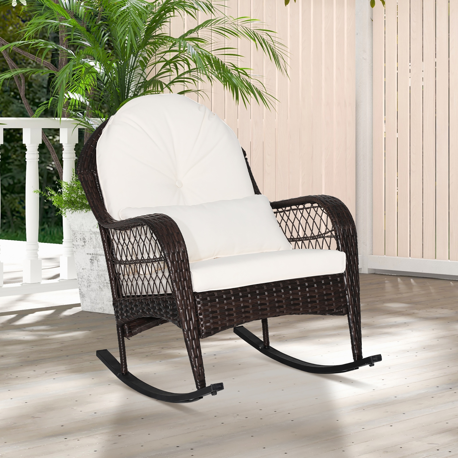 Costway Patio Wicker Rocking Chair W/Seat Back Cushions & Lumbar Pillow Porch Off