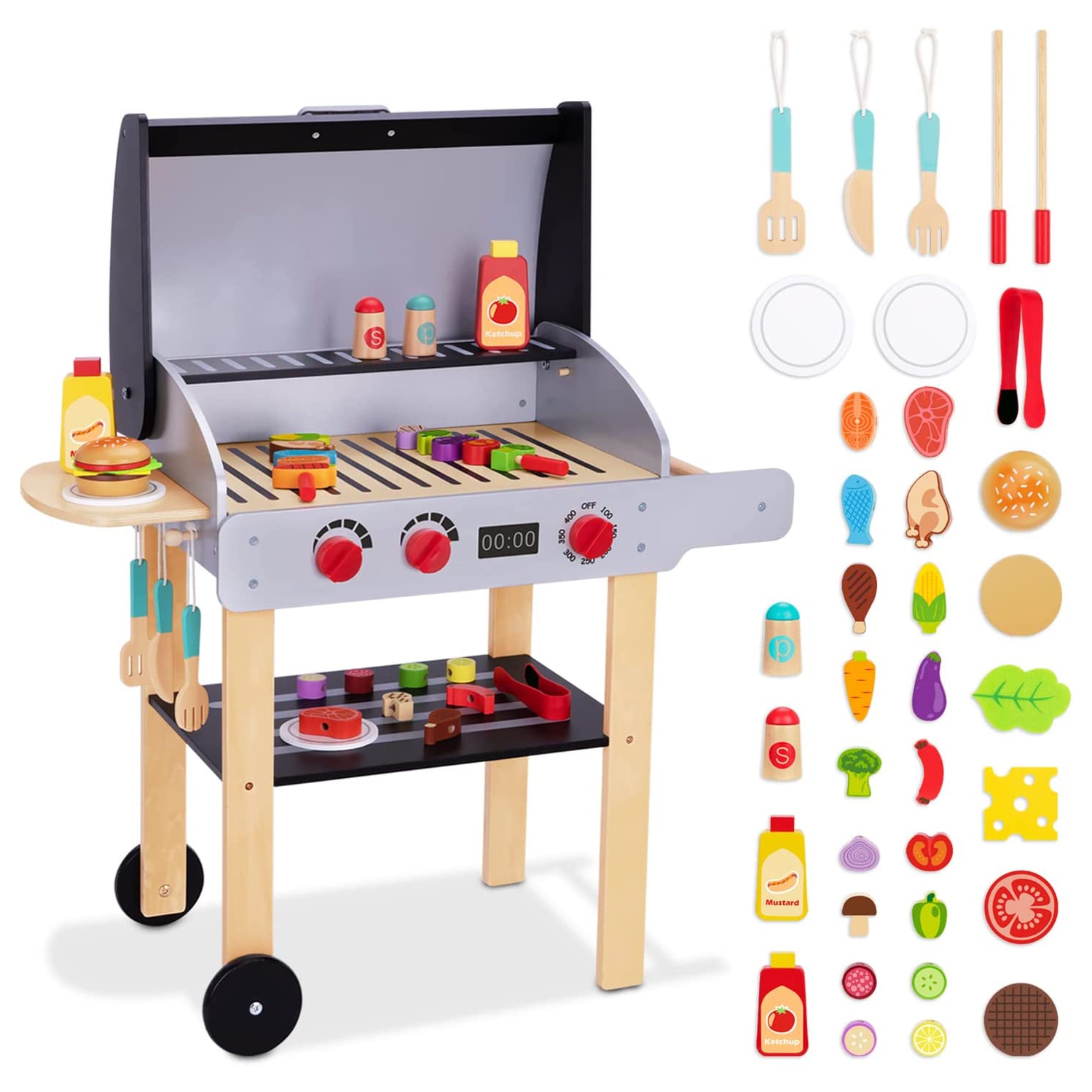 Barbecue de cuisine jouet en bois de TOOKYLAND - Ensemble de barbecue jouet pour enfants avec aliments et accessoires de jeu, jeu de barbecue de