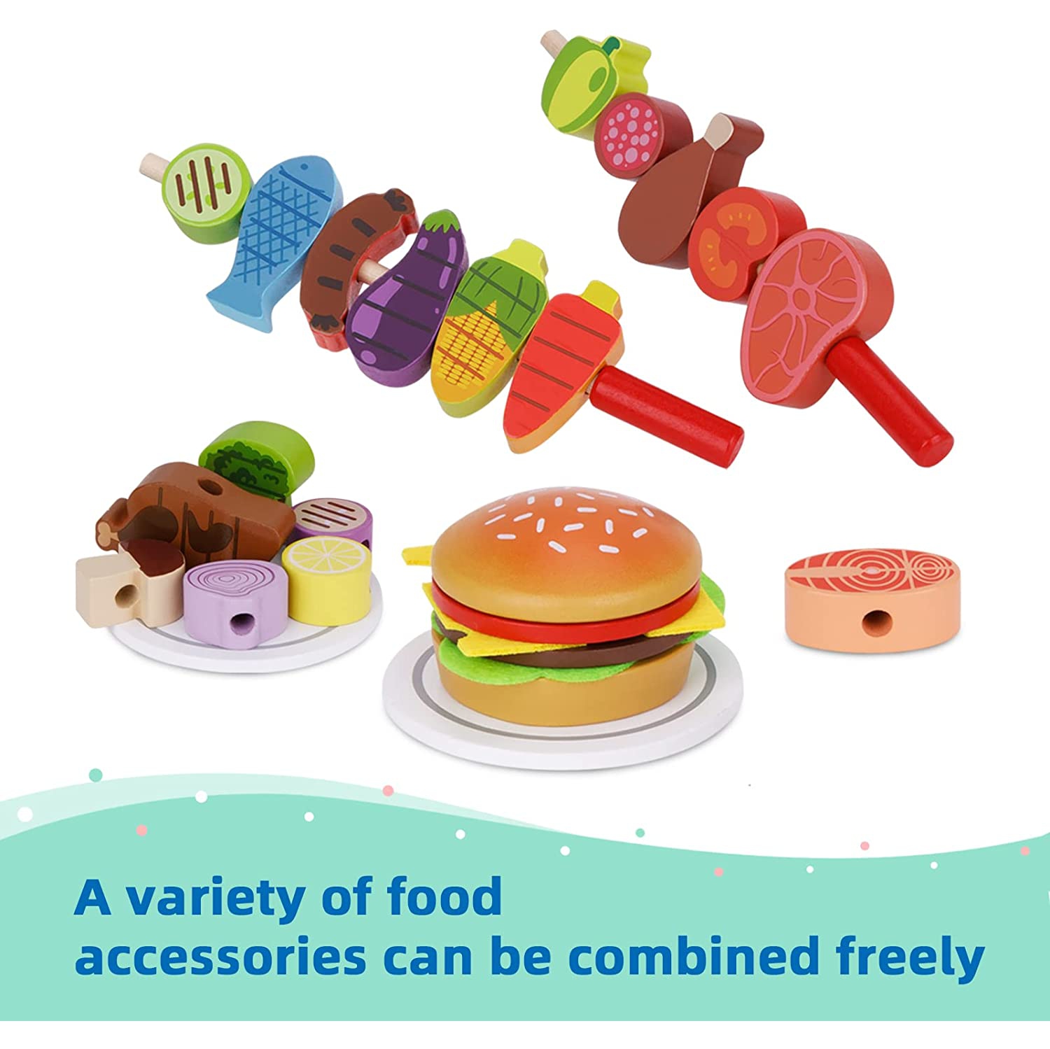 Barbecue de cuisine jouet en bois de TOOKYLAND - Ensemble de barbecue jouet pour enfants avec aliments et accessoires de jeu, jeu de barbecue de
