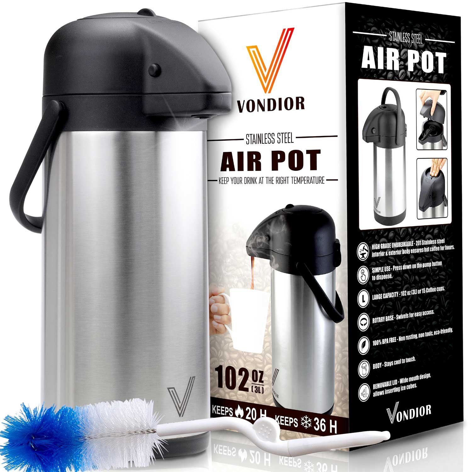 Distributeur de café Airpot avec pompe Vondior - distributeur de boissons thermiques en inox isotherme- 102 oz
