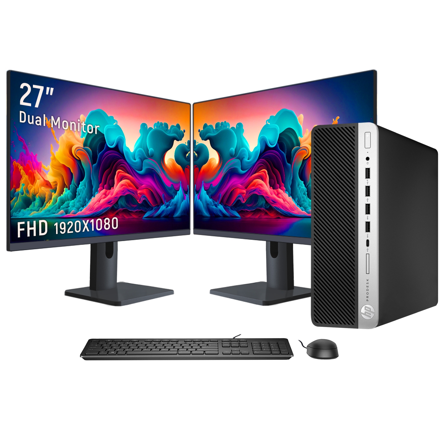 Refurbished - Hp Prodesk 600 G4 SFF Business Desktop PC Computer, New Dual 27 inch FHD Monitor (Core i5-8500 8th GEN/ 32GB RAM/ 1TB SSD/ WINDOWS 11