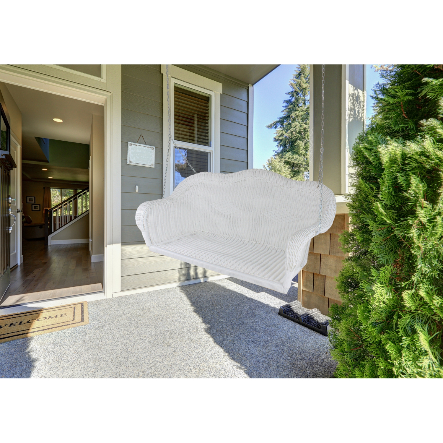 50" White Stripe Outdoor Patio Resin Wicker Swing with Chain