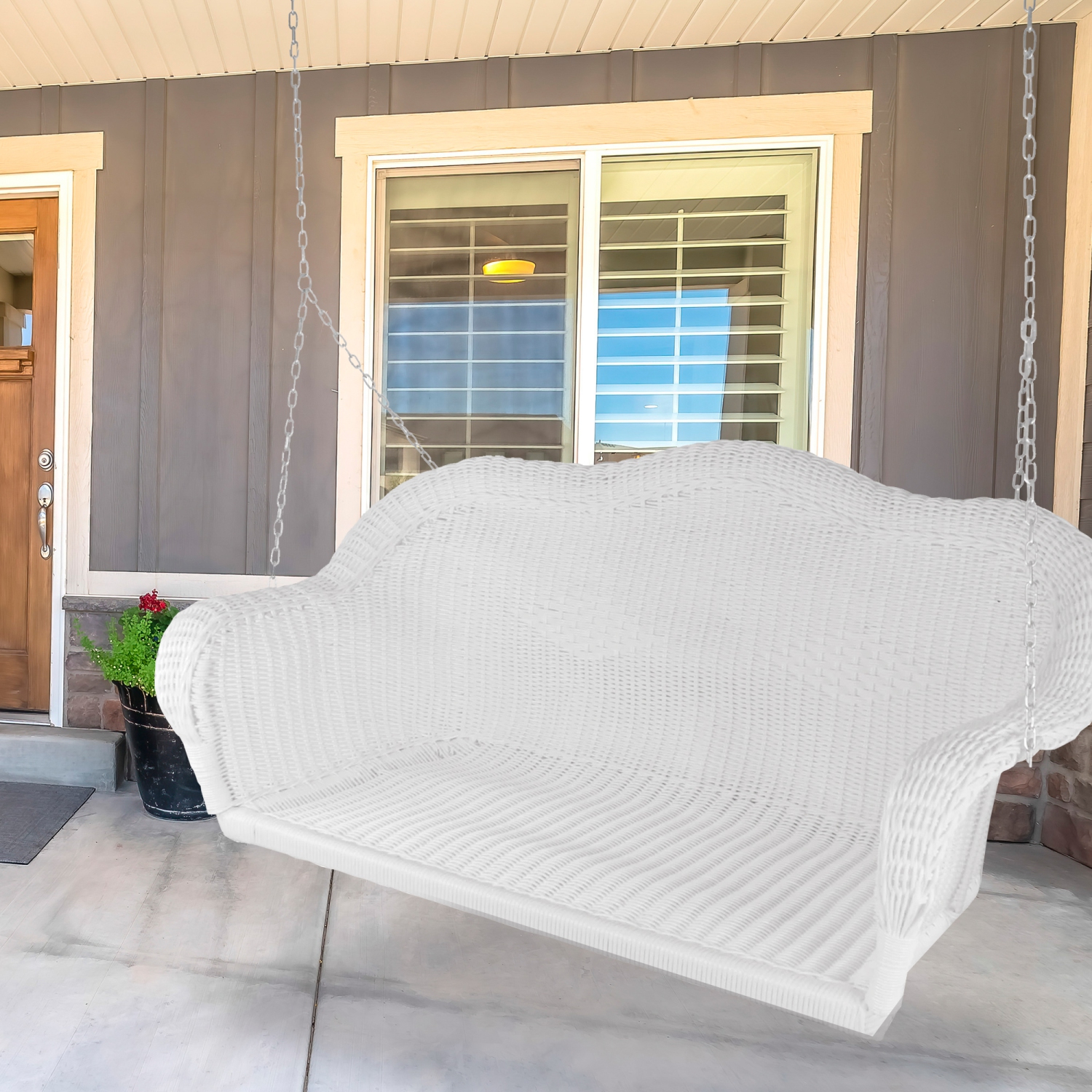 50" White Stripe Outdoor Patio Resin Wicker Swing with Chain