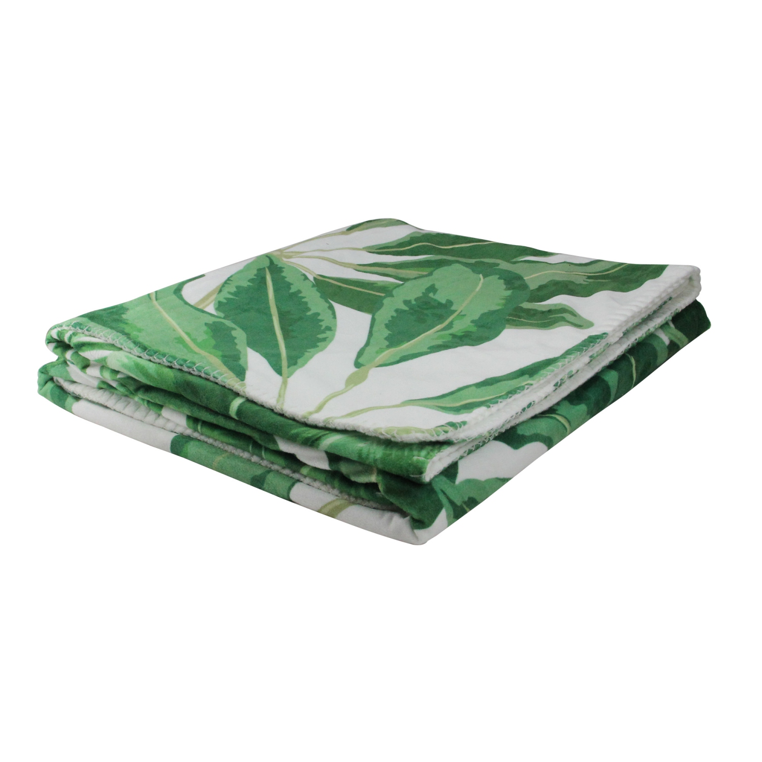 White and Green Tropical Leaves Plush Fleece Throw Blanket 50" x 60"