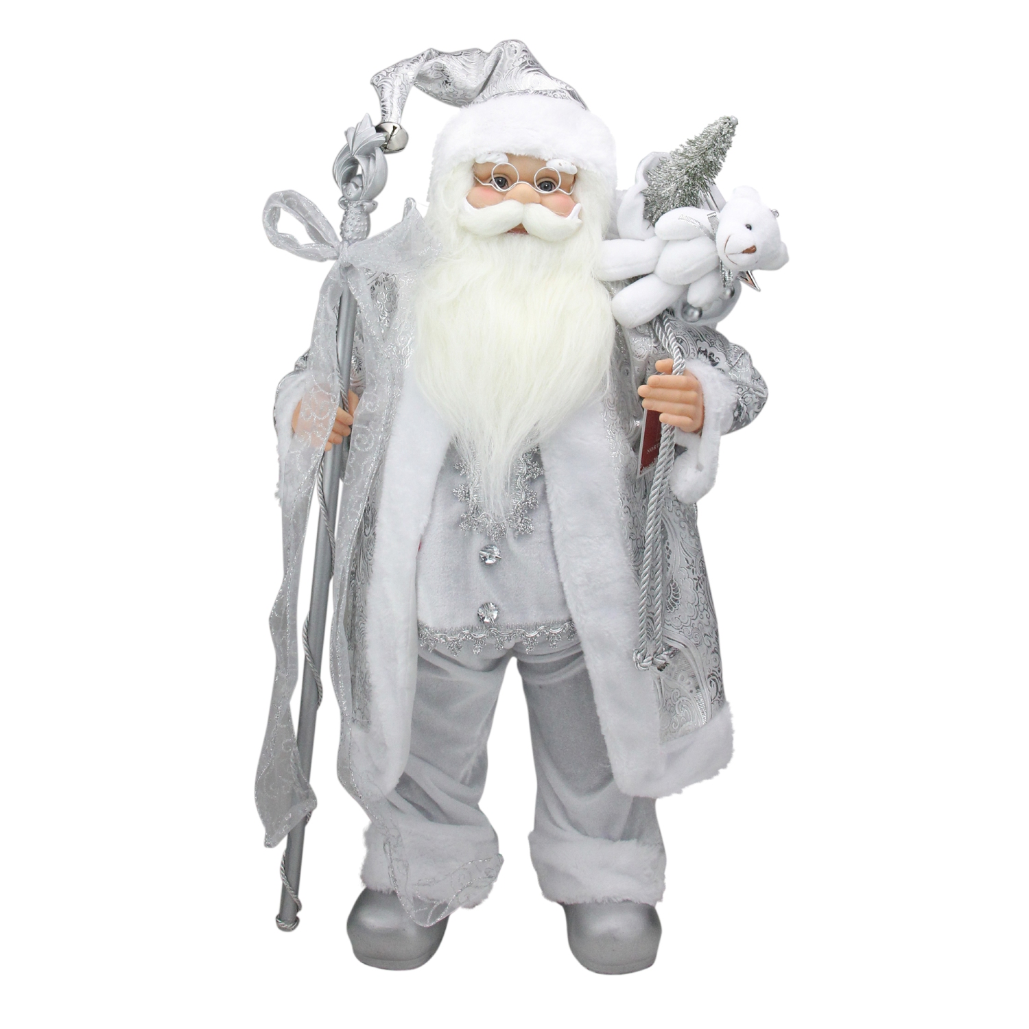 24" Silver and White Santa Claus with Staff and Gift Bag Christmas Figure