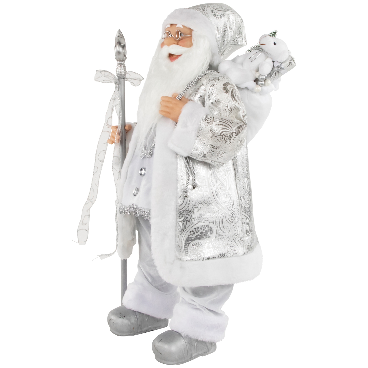 24" Silver and White Santa Claus with Staff and Gift Bag Christmas Figure
