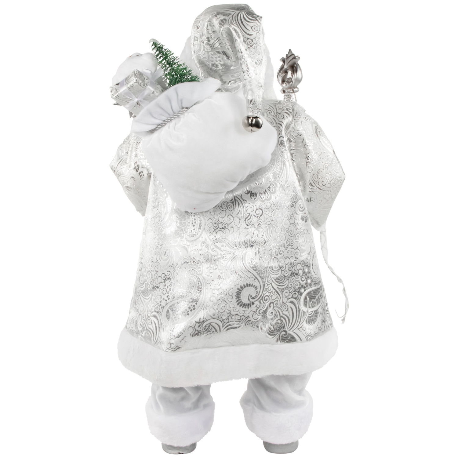 24" Silver and White Santa Claus with Staff and Gift Bag Christmas Figure