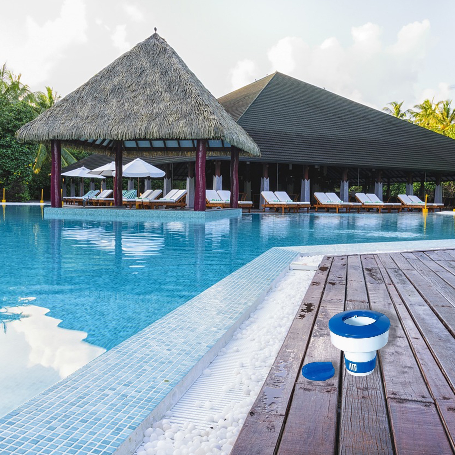 Distributeur de produits chimiques de piscine flottants de 7 po, réglables en bleu et en blanc