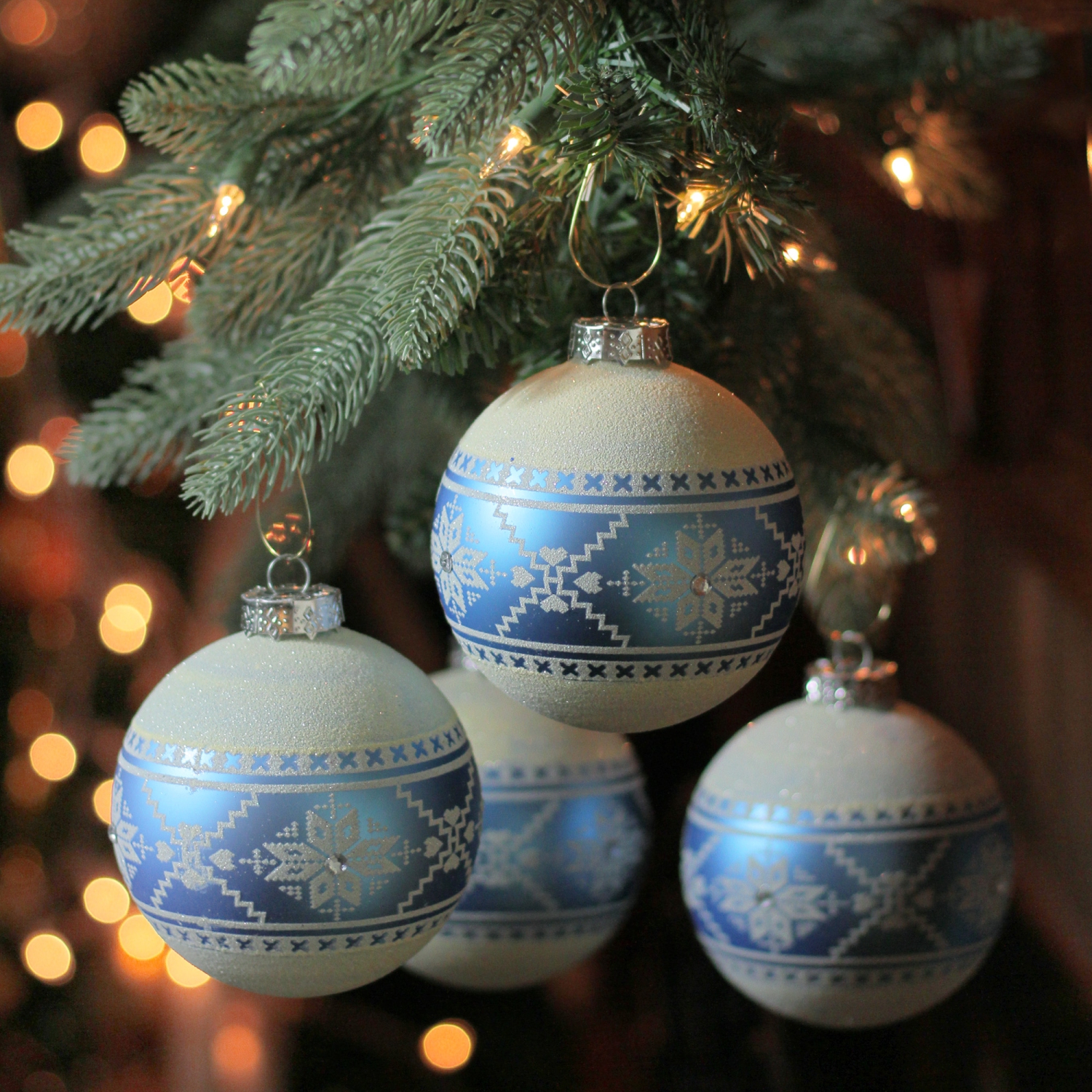 4ct Blue and White Nordic Fair Isle Glass Ball Christmas Ornaments 4-Inch