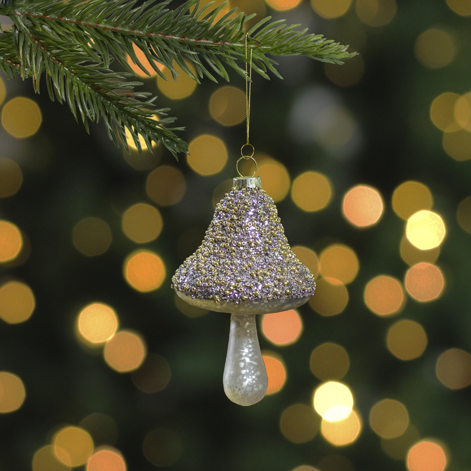 Mushroom Glass Christmas Ornament - 4.75" - Champagne Gold Finish